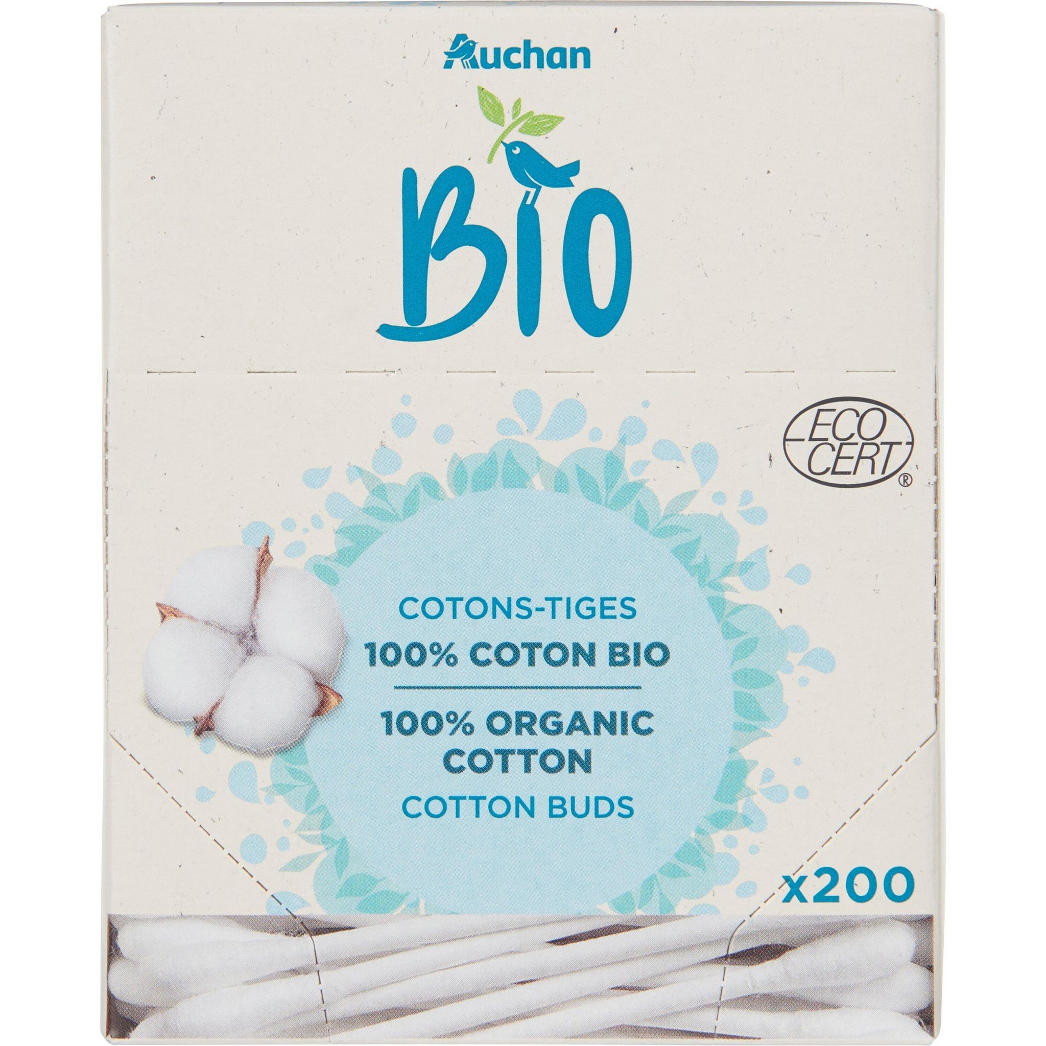 AUCHAN Cotons-tiges 100% coton bio boîte carton 200 cotons-tiges