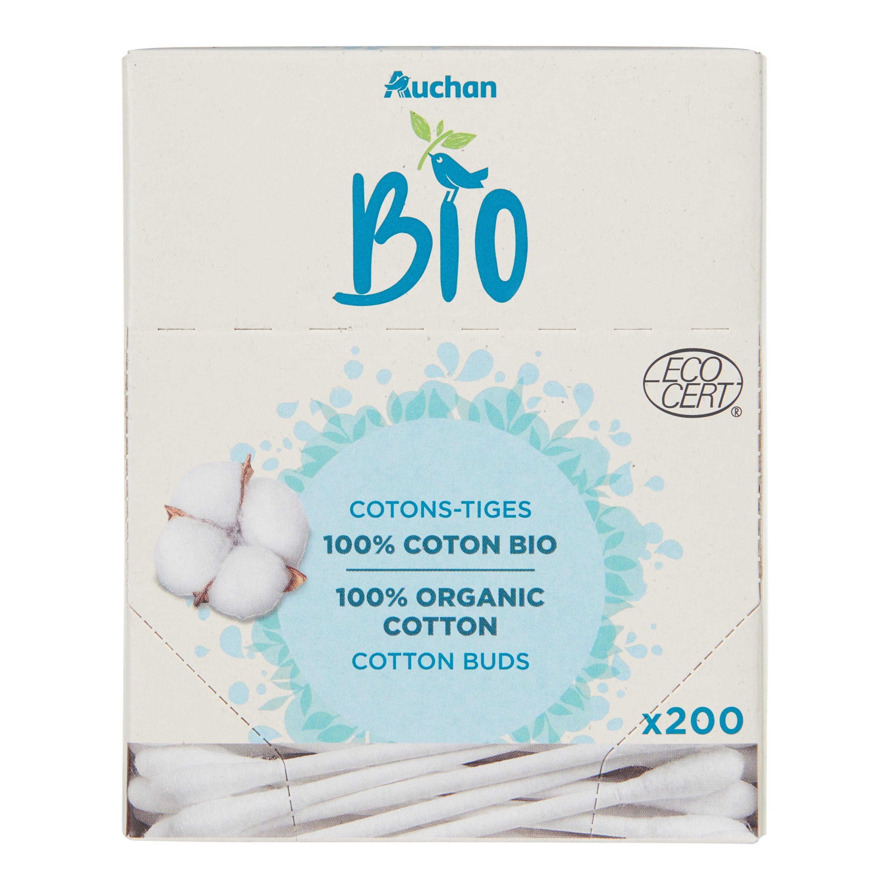 Voir la diapositive 2 : AUCHAN Cotons-tiges 100% coton bio boîte carton 200 cotons-tiges