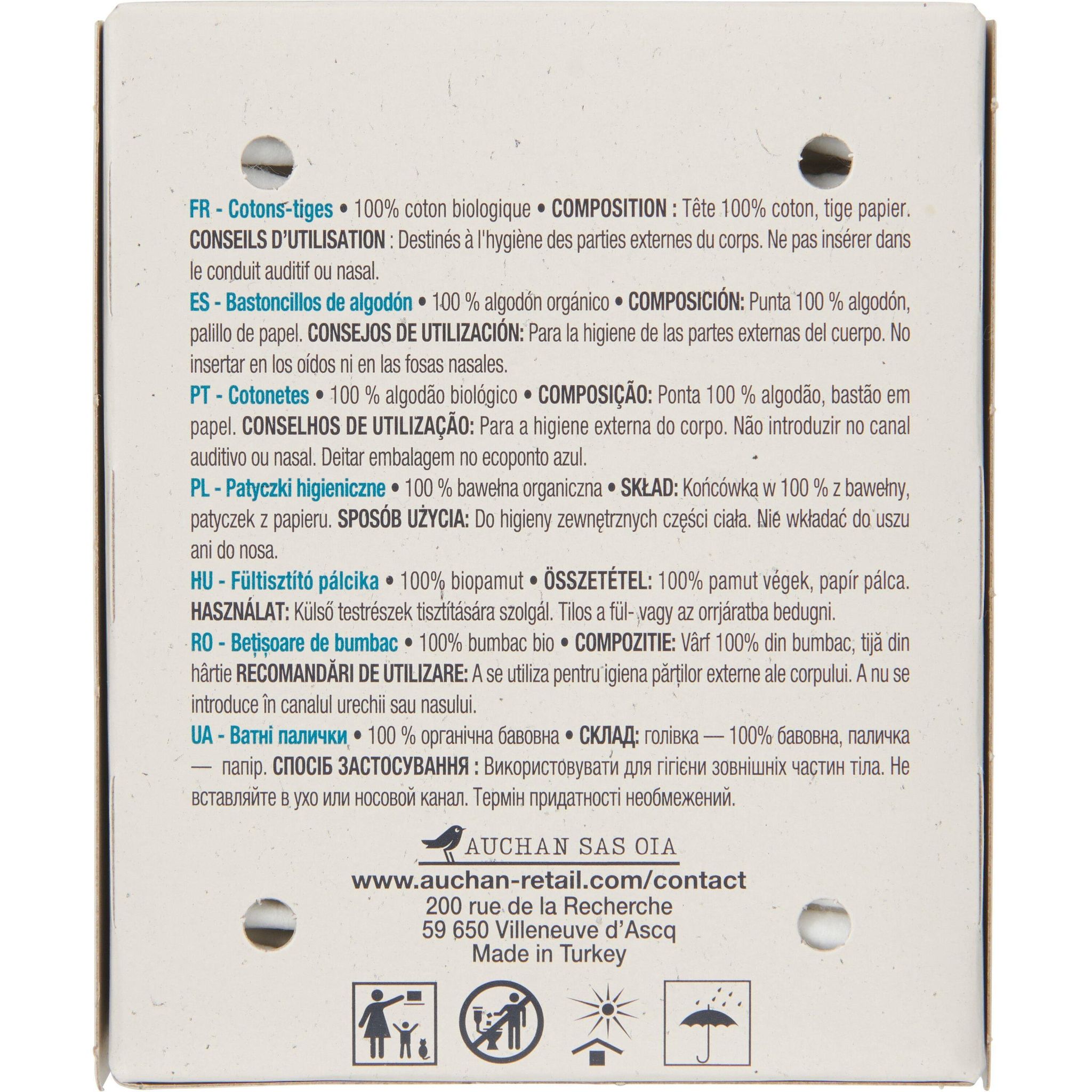 Voir la diapositive 2 : AUCHAN Cotons-tiges 100% coton bio boîte carton 200 cotons-tiges