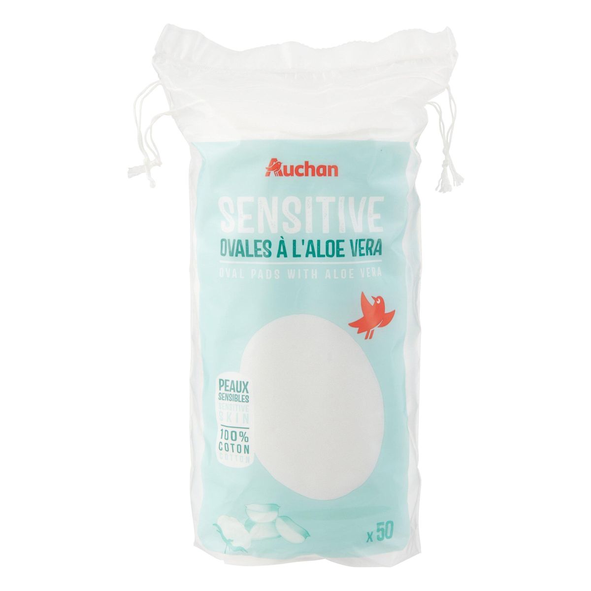 AUCHAN Sensitive Cotons ovales à démaquiller à l'aloé véra 50 pièces