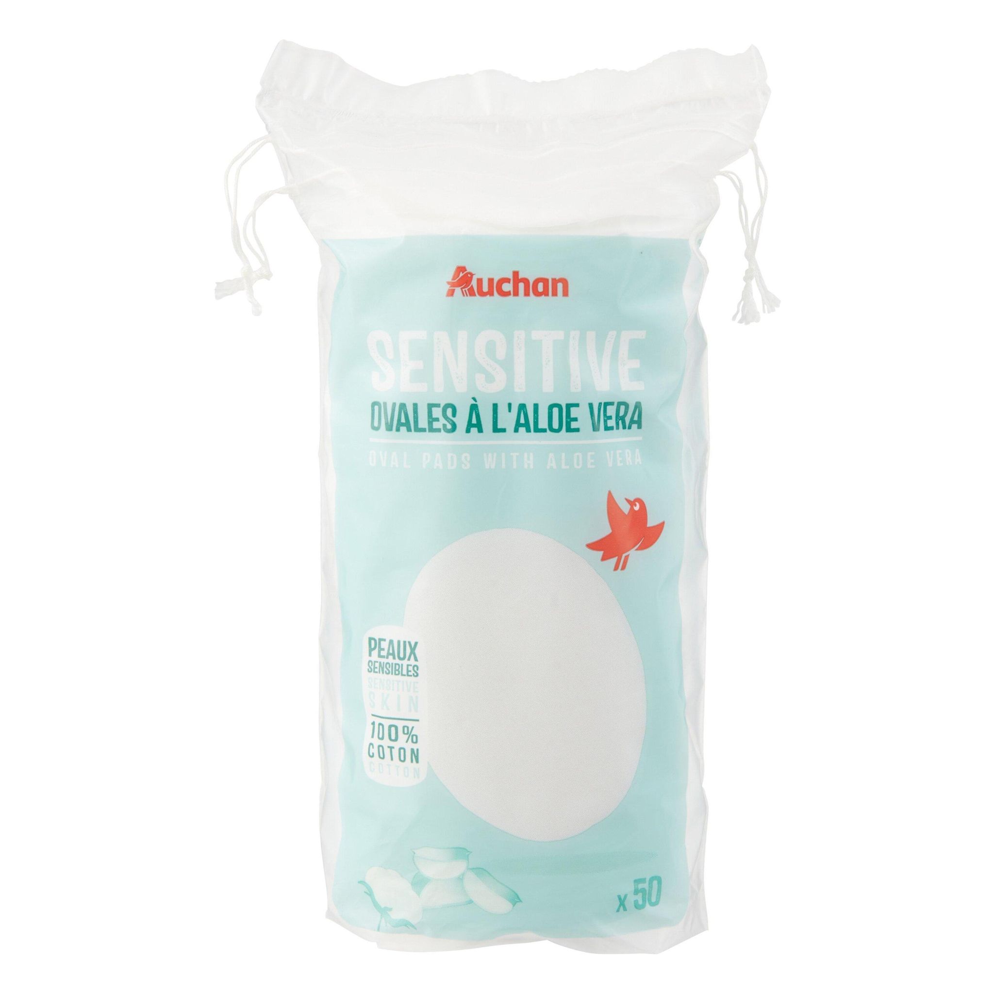 Voir la diapositive 3 : AUCHAN Sensitive Cotons ovales à démaquiller à l'aloé véra 50 pièces