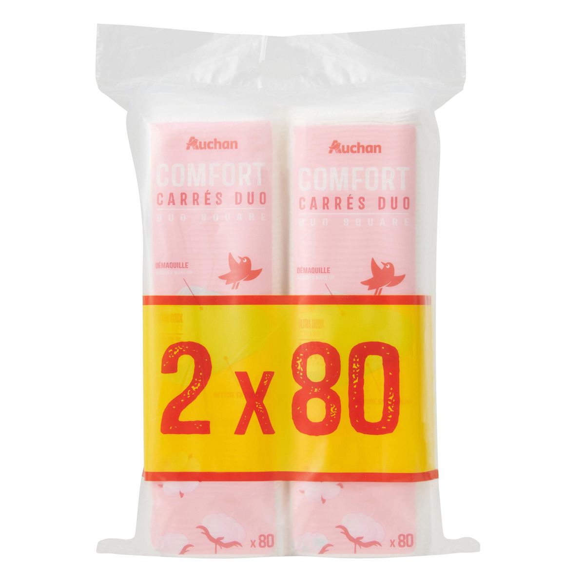 AUCHAN Comfort Carrés à démaquiller duo 160 cotons