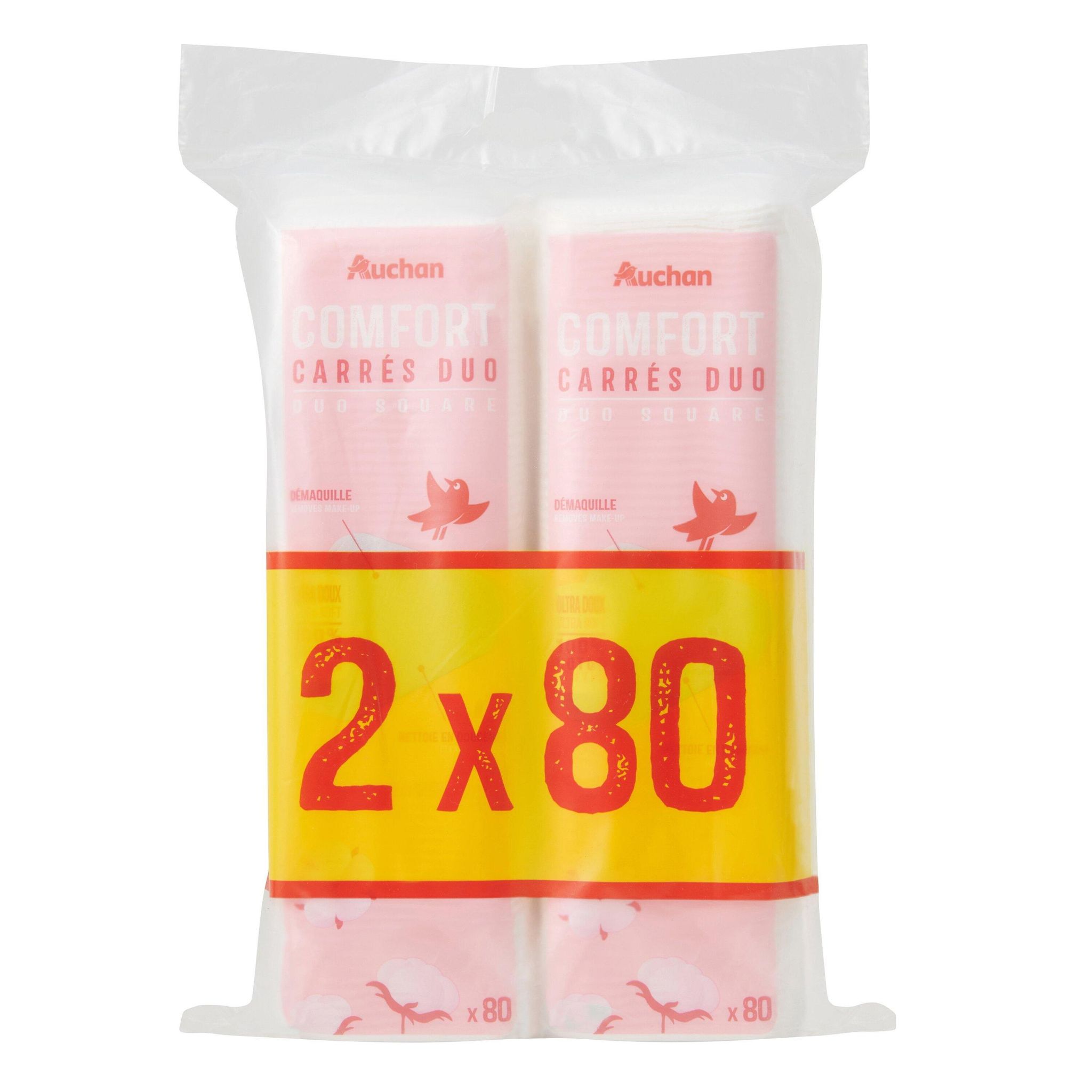 Voir la diapositive 3 : AUCHAN Comfort Carrés à démaquiller duo 160 cotons