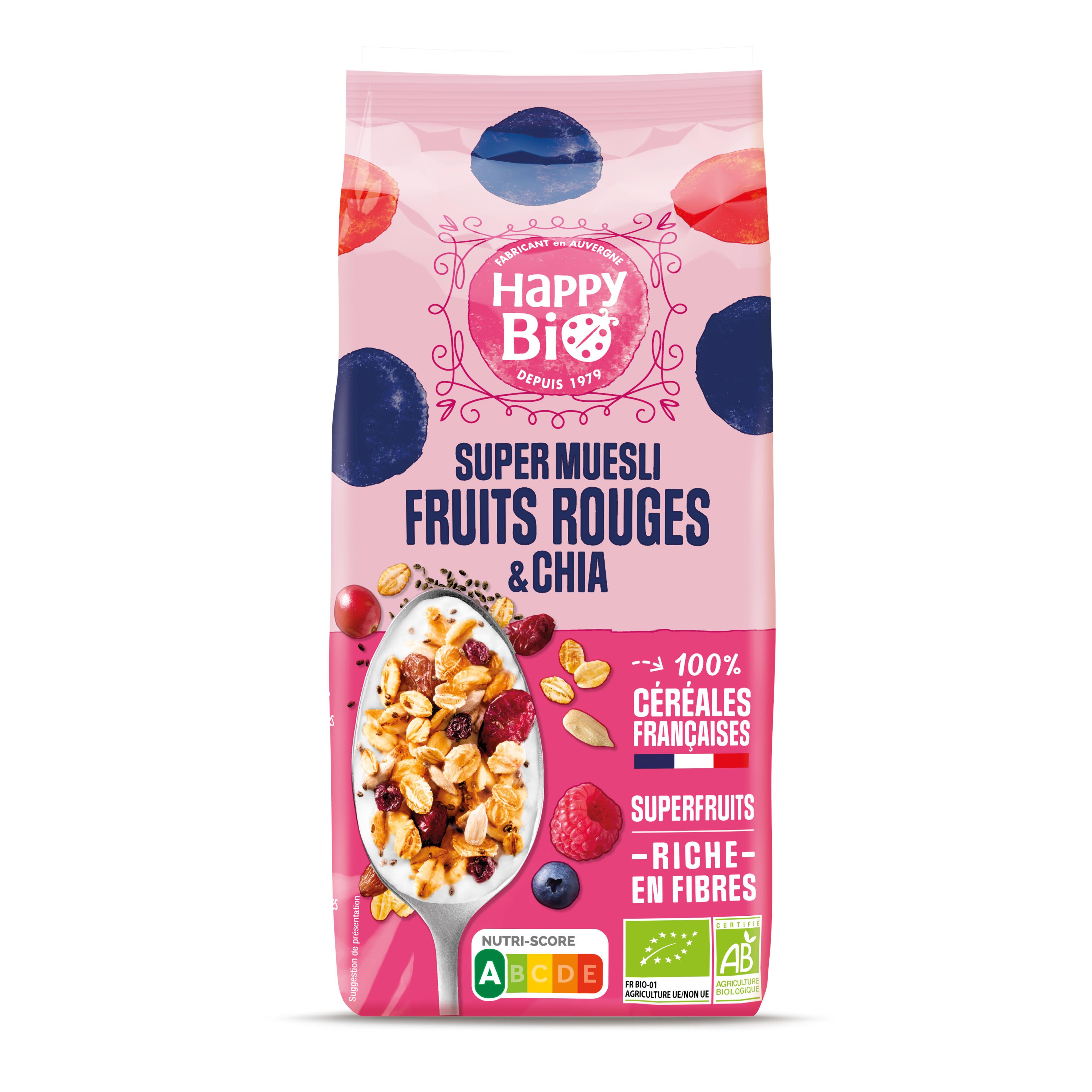 HAPPY BIO Super muesli aux fruits rouges et graines de chia bio 375g