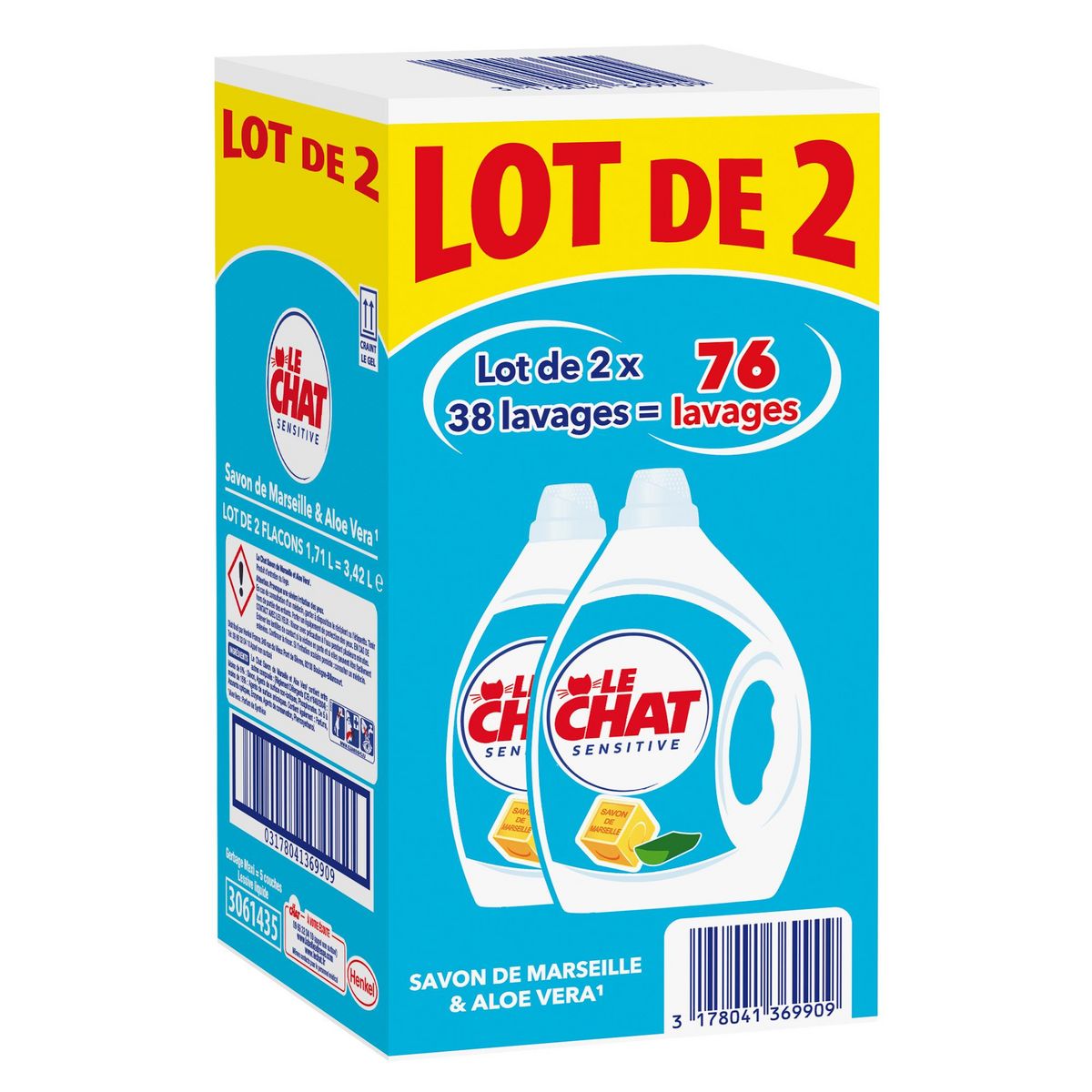 LE CHAT Lessive liquide sensitive savon de marseille aloe vera 2x1,71l
