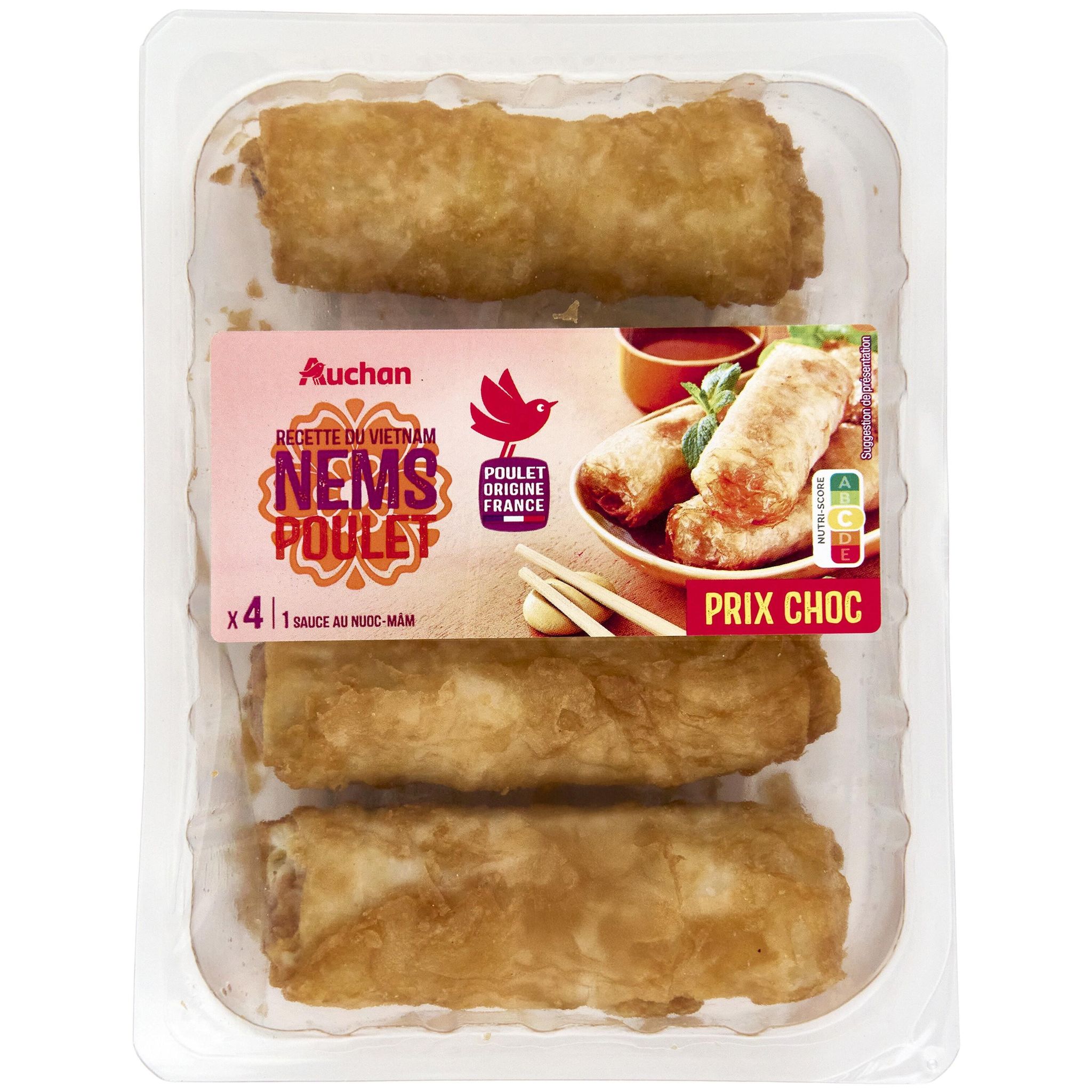 AUCHAN Nems volaille avec 1 sauce nuoc-mâm 4 pièces 280g