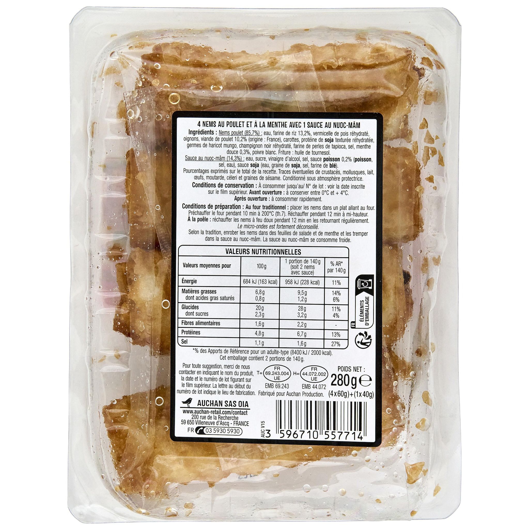 Voir la diapositive 2 : AUCHAN Nems volaille avec 1 sauce nuoc-mâm 4 pièces 280g