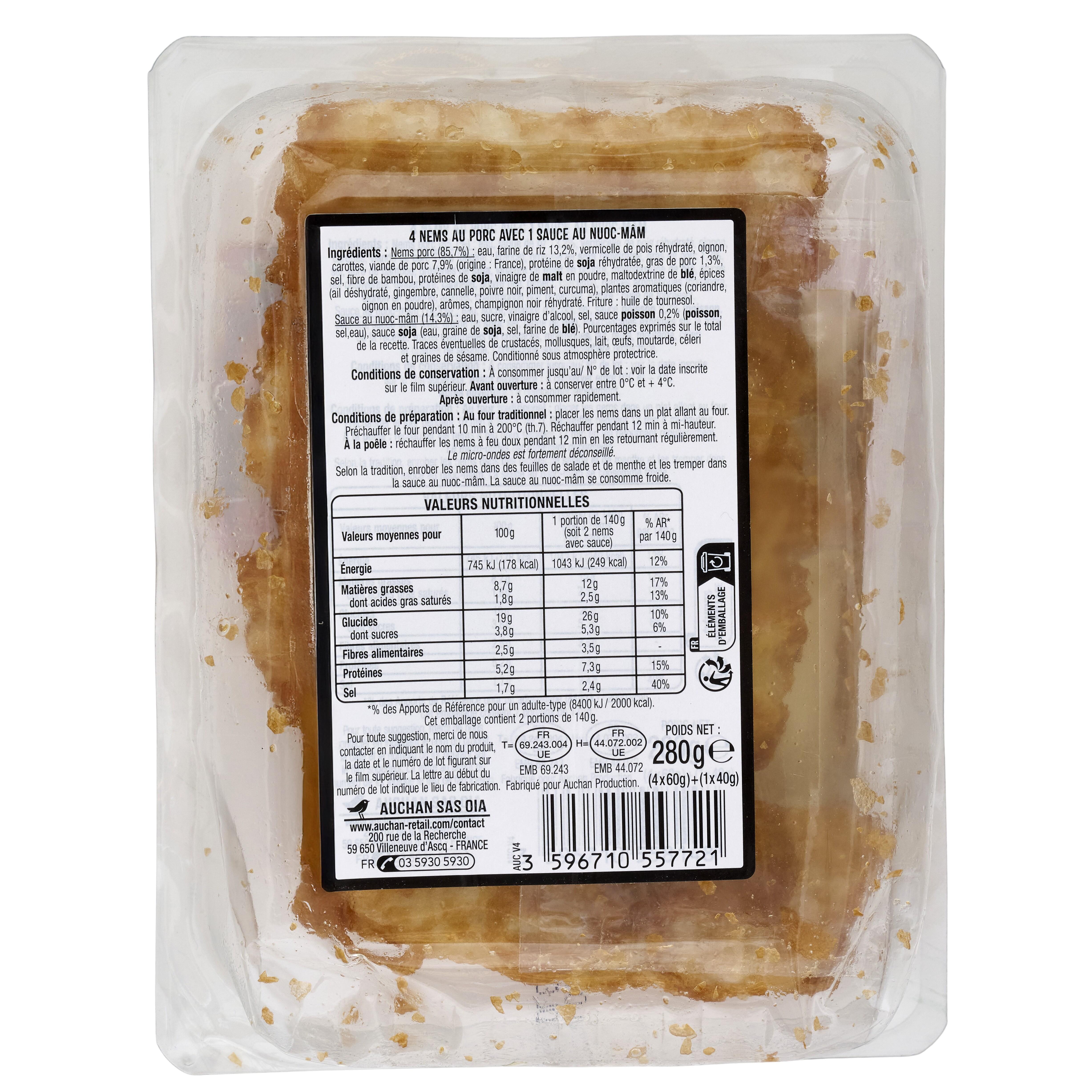Voir la diapositive 2 : AUCHAN Nems porc avec 1 sauce au nuoc-mâm 4 pièces 280g