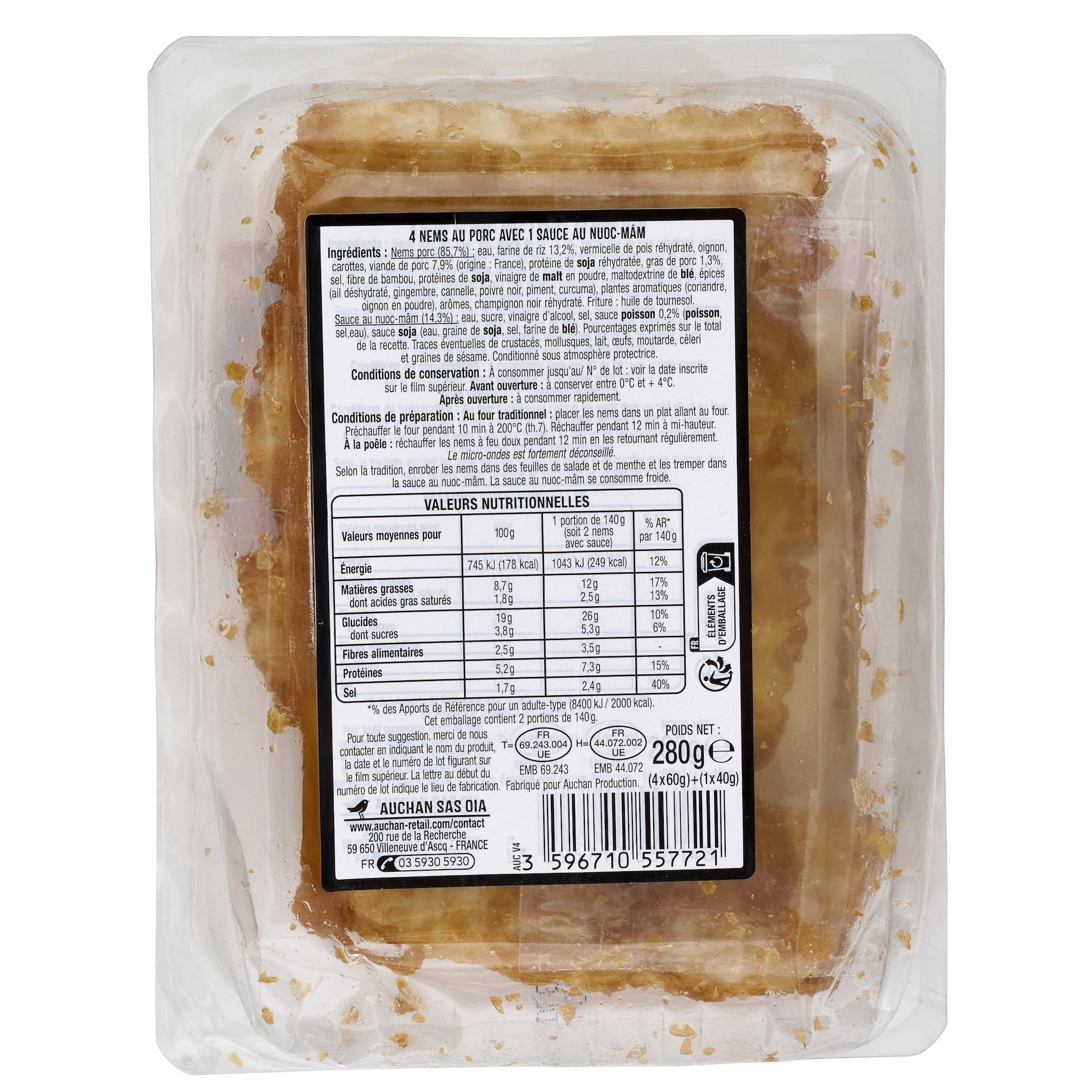 Voir la diapositive 2 : AUCHAN Nems porc avec 1 sauce au nuoc-mâm 4 pièces 280g