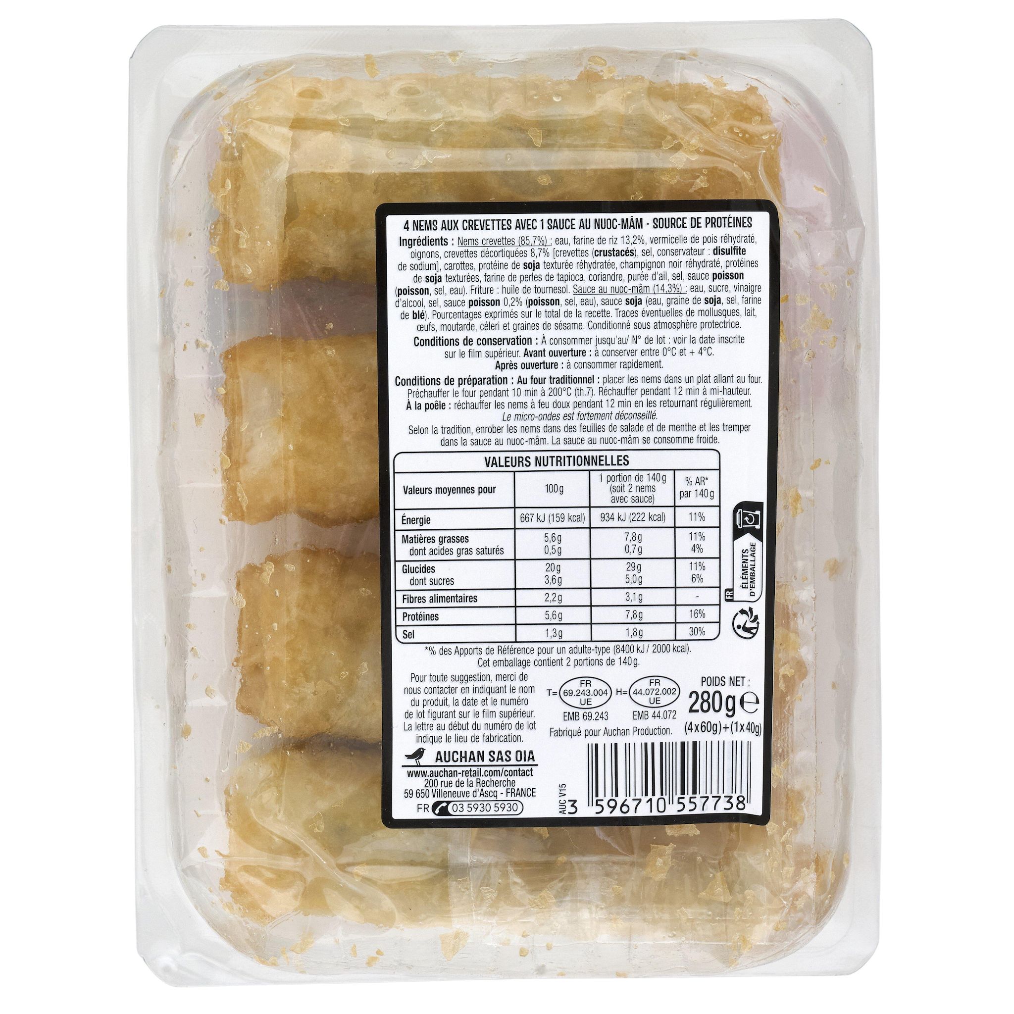 Voir la diapositive 2 : AUCHAN Nems aux crevettes et au poisson 4 pièces 280g