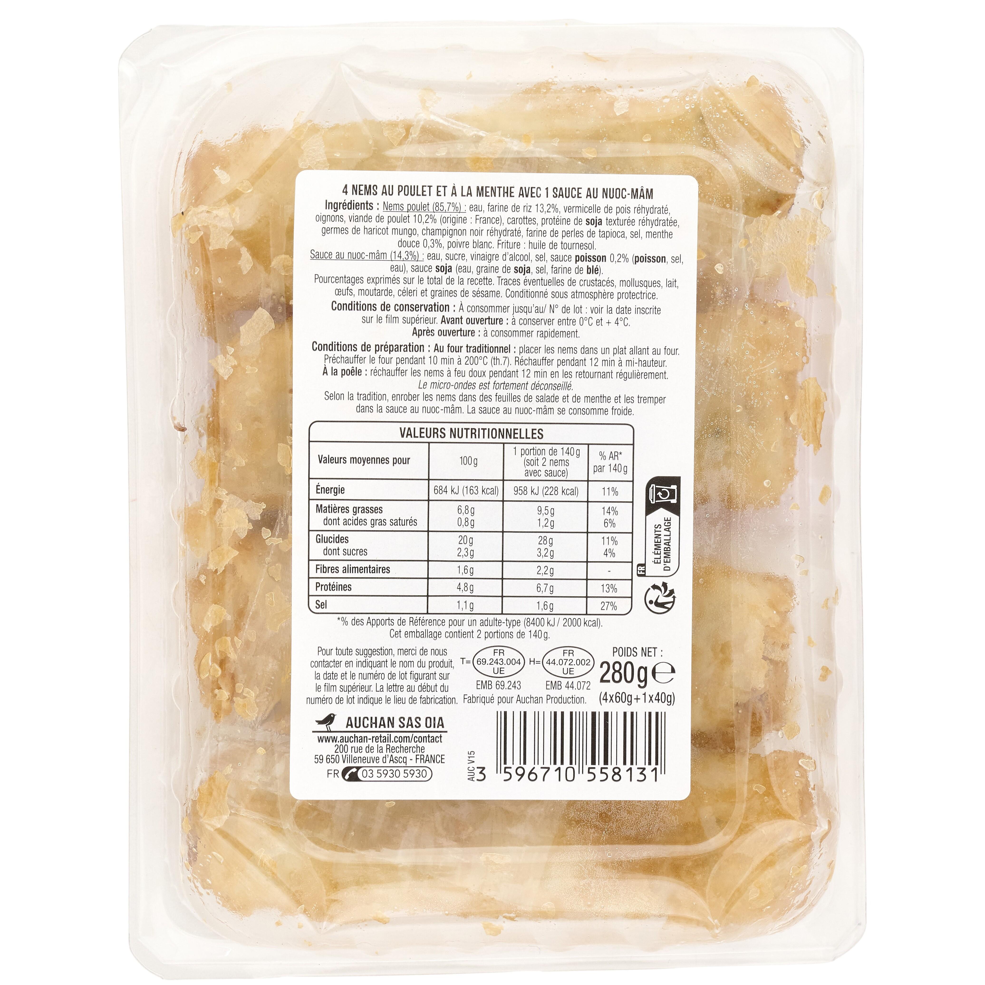 Voir la diapositive 2 : AUCHAN Nems poulet avec 1 sauce nuoc-mâm 4 pièces 280g