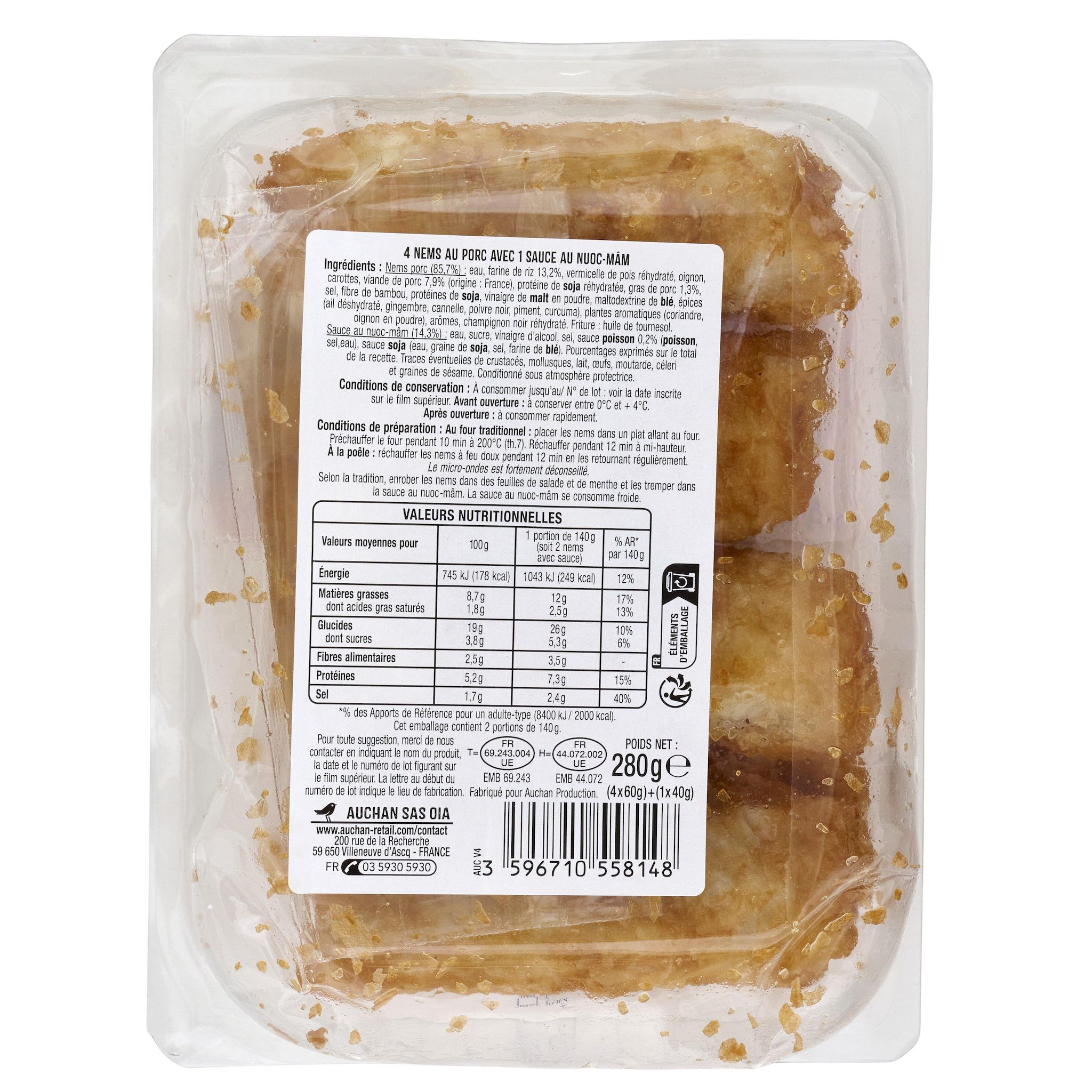 Voir la diapositive 2 : AUCHAN Nems porc avec sauce nuoc mâm 4 pièces 280g