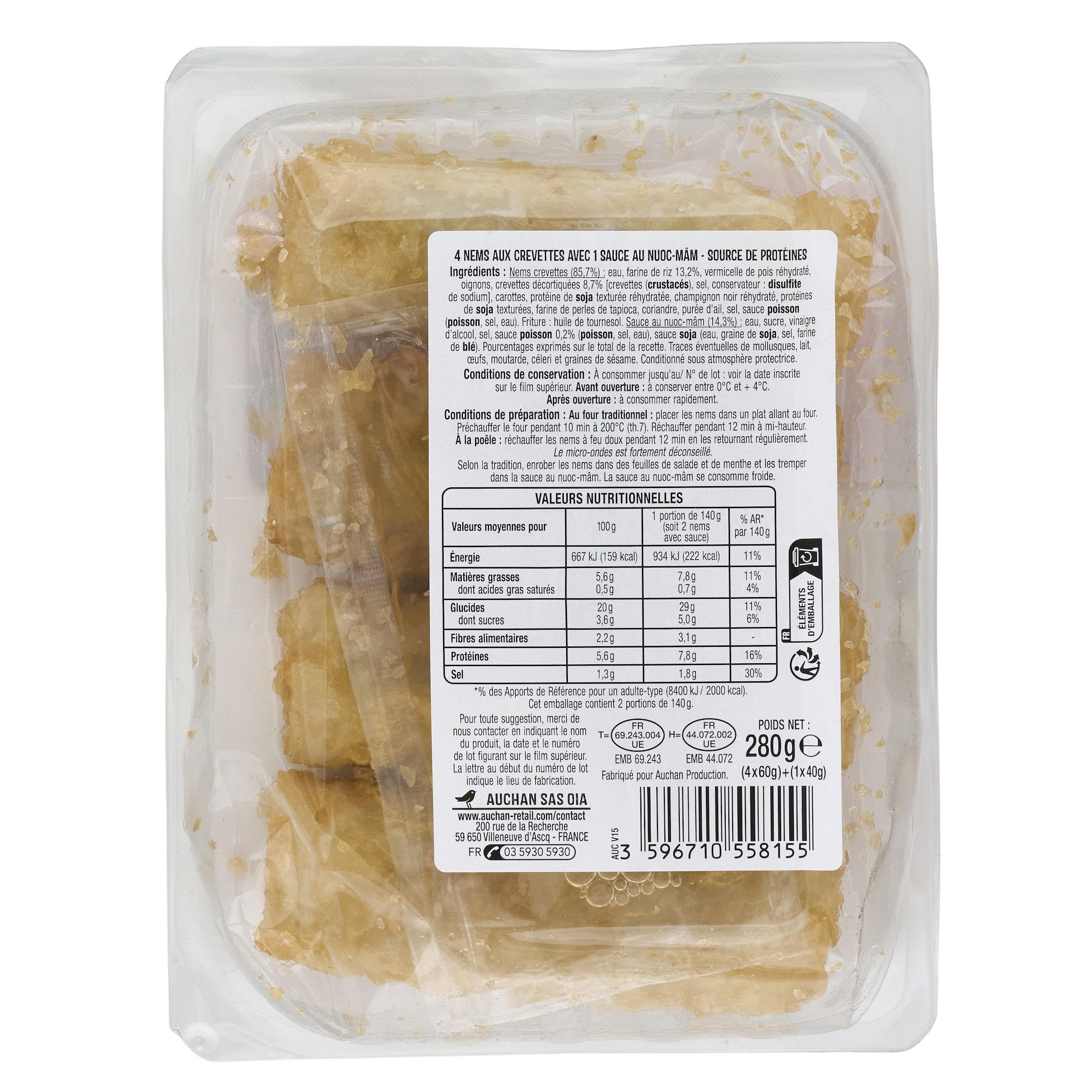 Voir la diapositive 2 : AUCHAN Nems crevettes cuisinés avec sauce nuoc mâm 4 pièces 280g