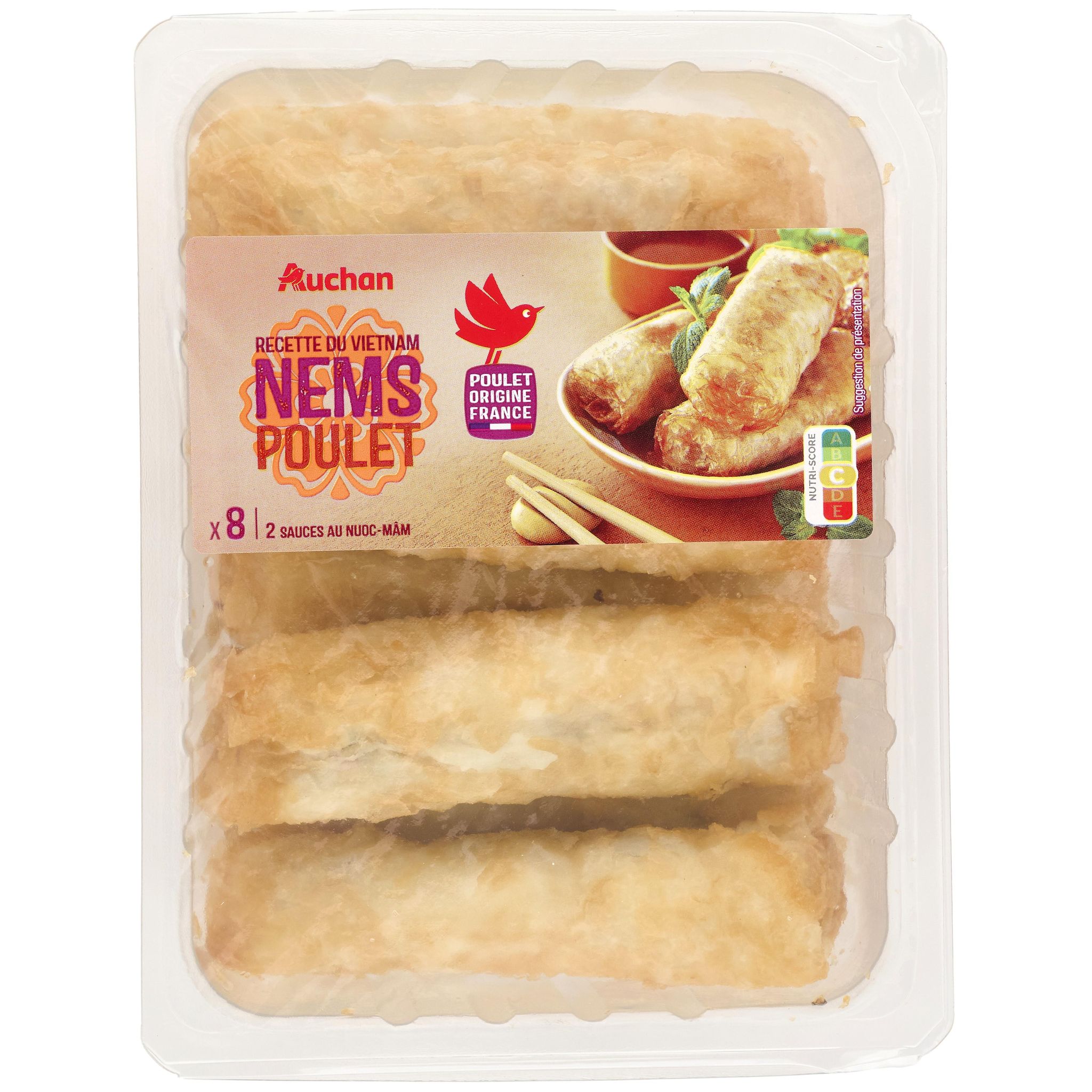 AUCHAN Nems poulet avec 2 sauces nuoc-mâm 8 pièces 540g