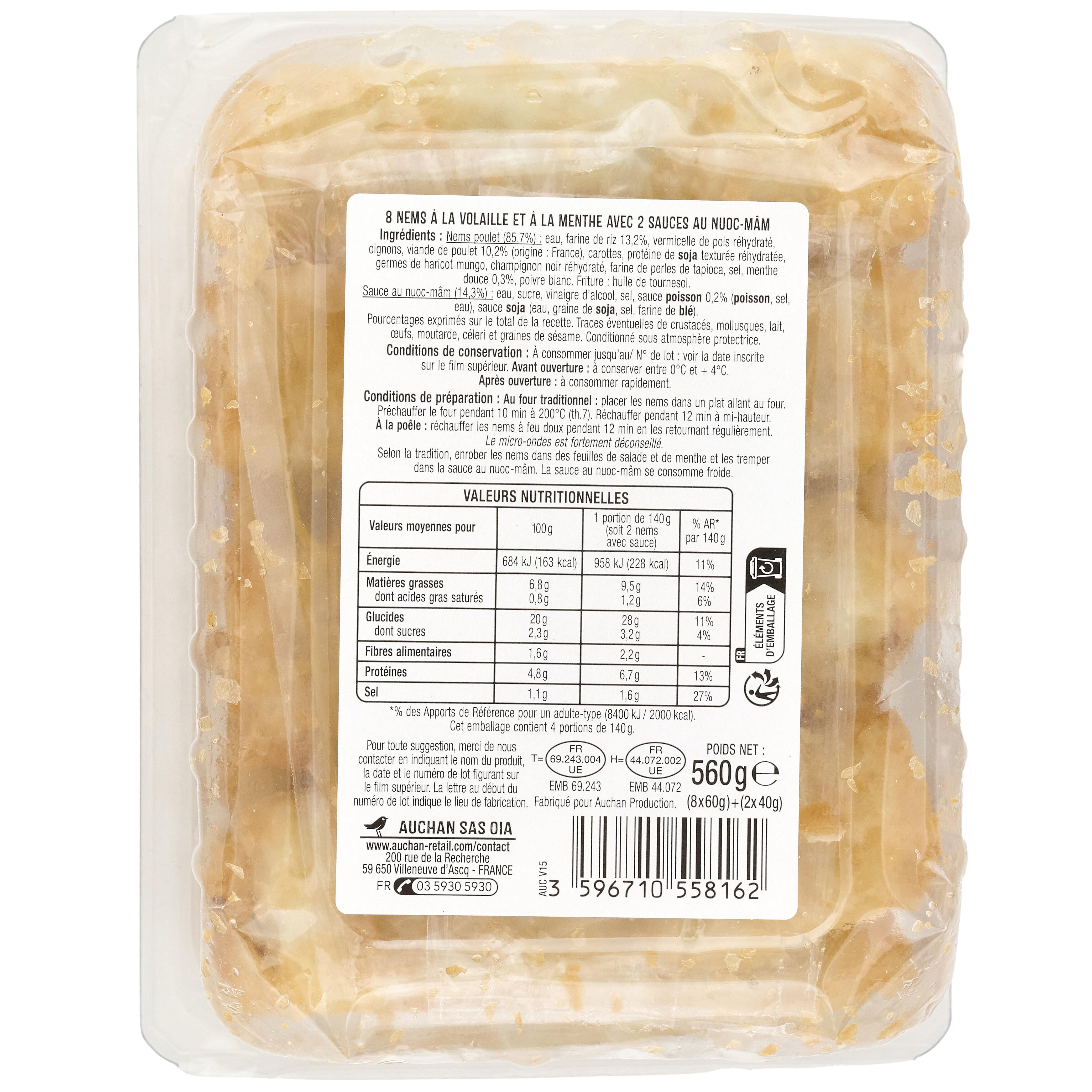 Voir la diapositive 2 : AUCHAN Nems poulet avec 2 sauces nuoc-mâm 8 pièces 560g