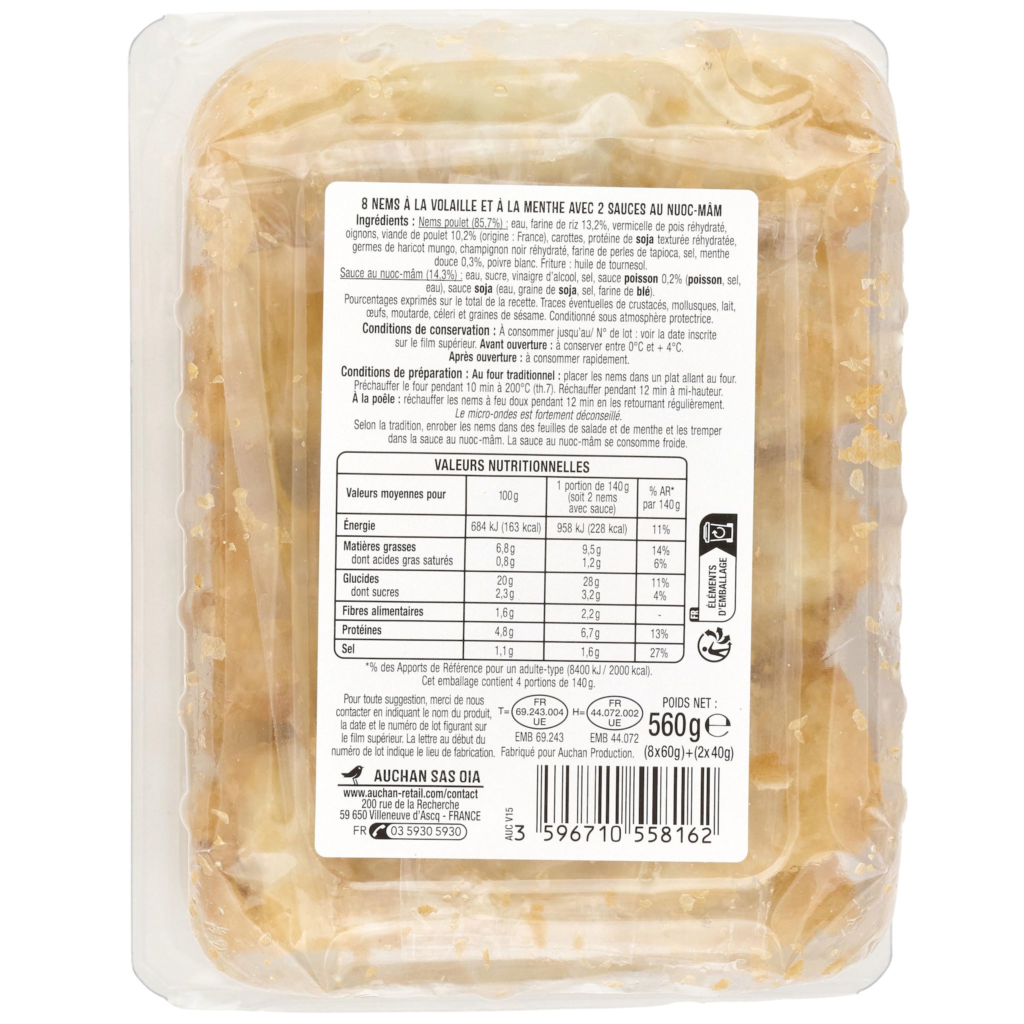 Voir la diapositive 2 : AUCHAN Nems poulet avec 2 sauces nuoc-mâm 8 pièces 540g