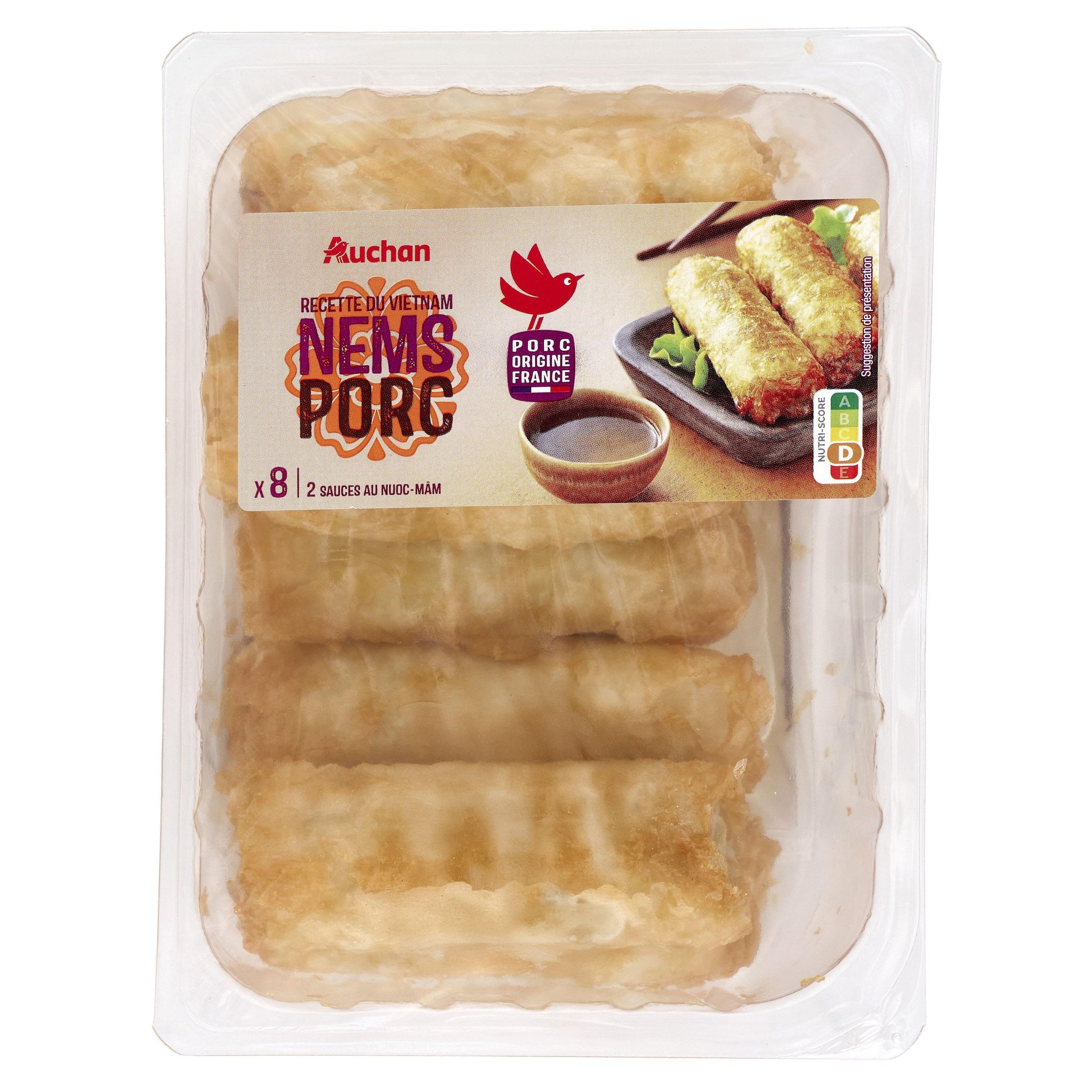AUCHAN Nems porc avec 2 sauces nuoc mâm 8 pièces 540g