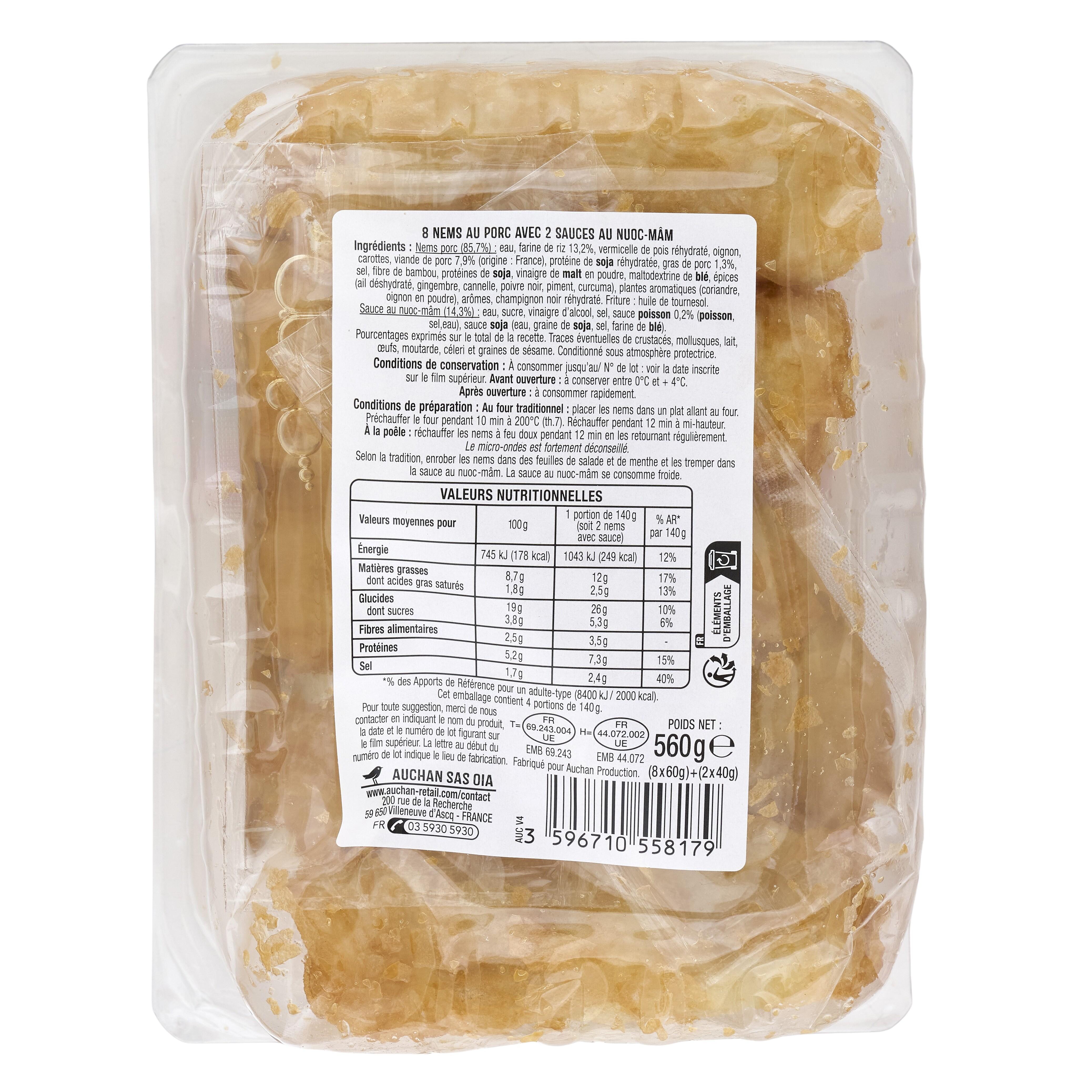 Voir la diapositive 2 : AUCHAN Nems porc avec 2 sauces nuoc mâm 8 pièces 560g