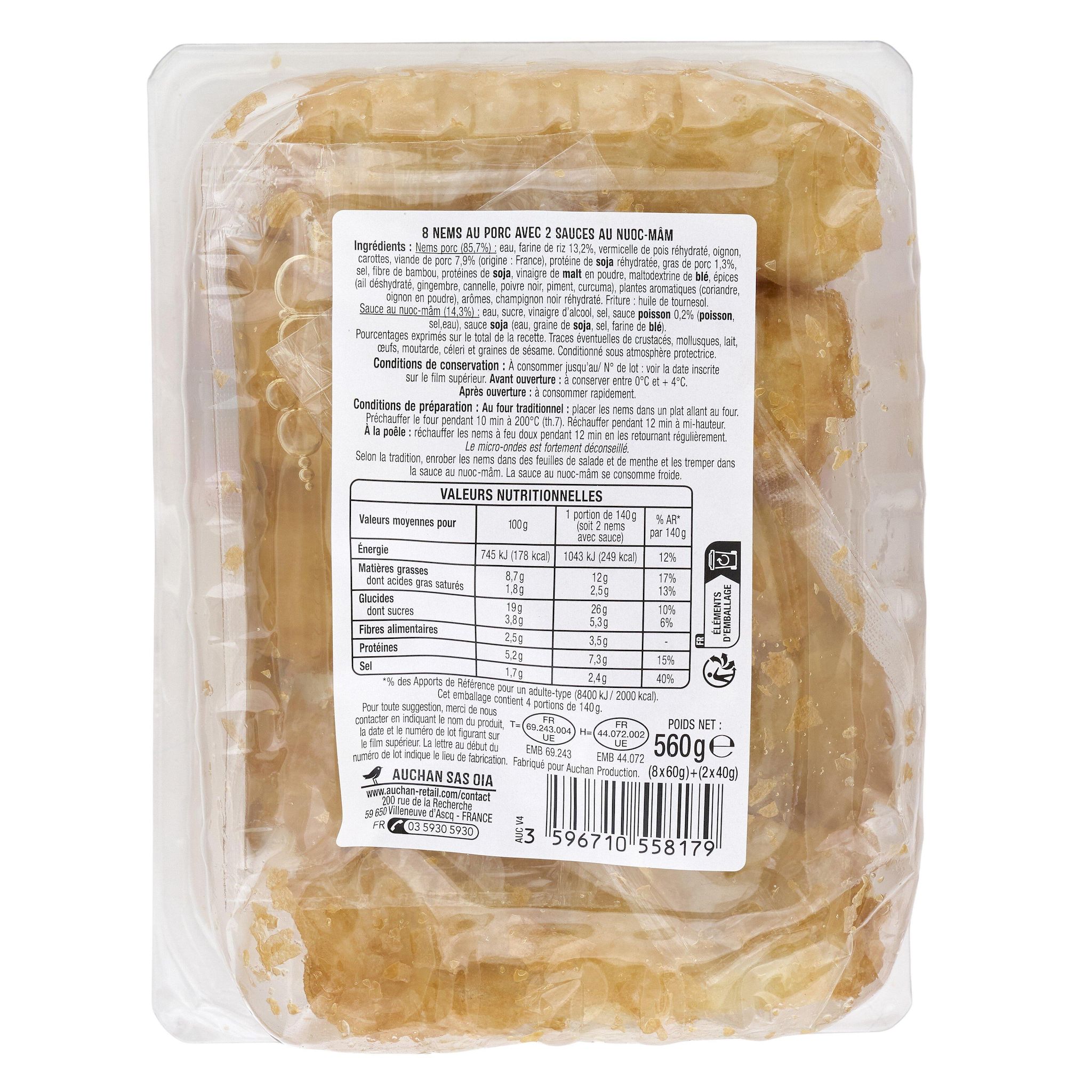 Voir la diapositive 2 : AUCHAN Nems porc avec 2 sauces nuoc mâm 8 pièces 540g