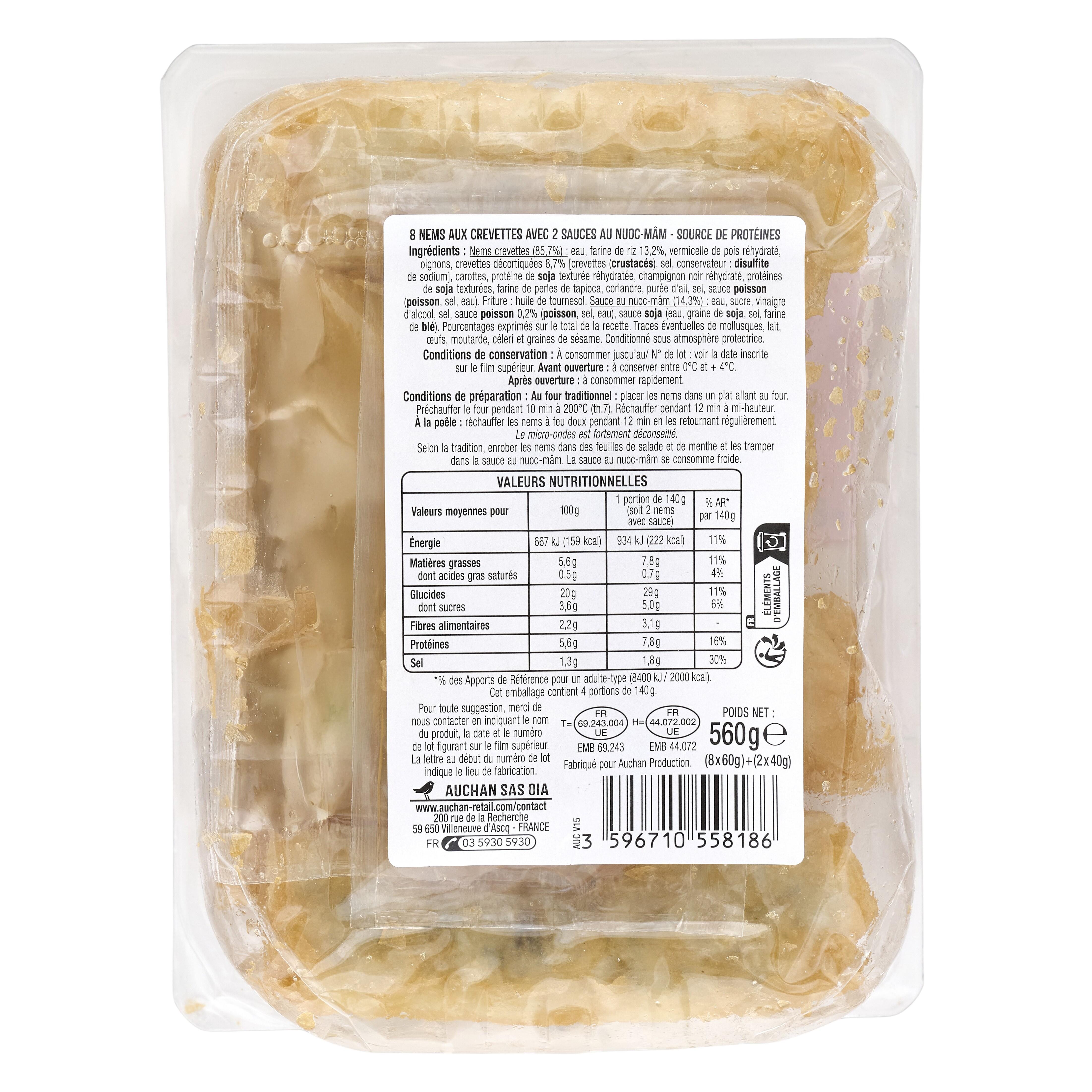 Voir la diapositive 2 : AUCHAN Nems aux crevettes avec 2 sauces nuoc mâm 8 pièces 560g