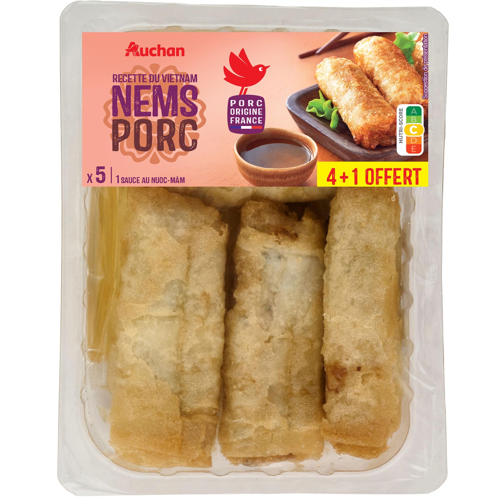 AUCHAN Nems porc avec sauce nuoc-mâm 4 pièces+1 offert 340g