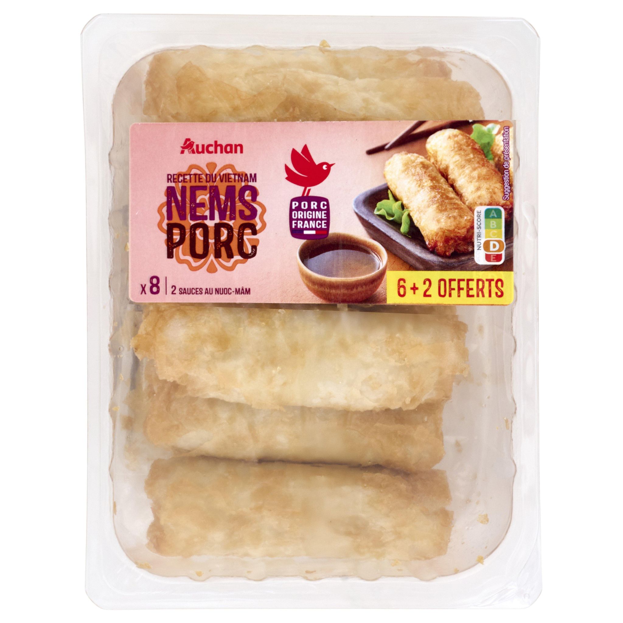 AUCHAN Nems porc avec 2 sauces nuoc mâm 6 pièces + 2 offerts 540g