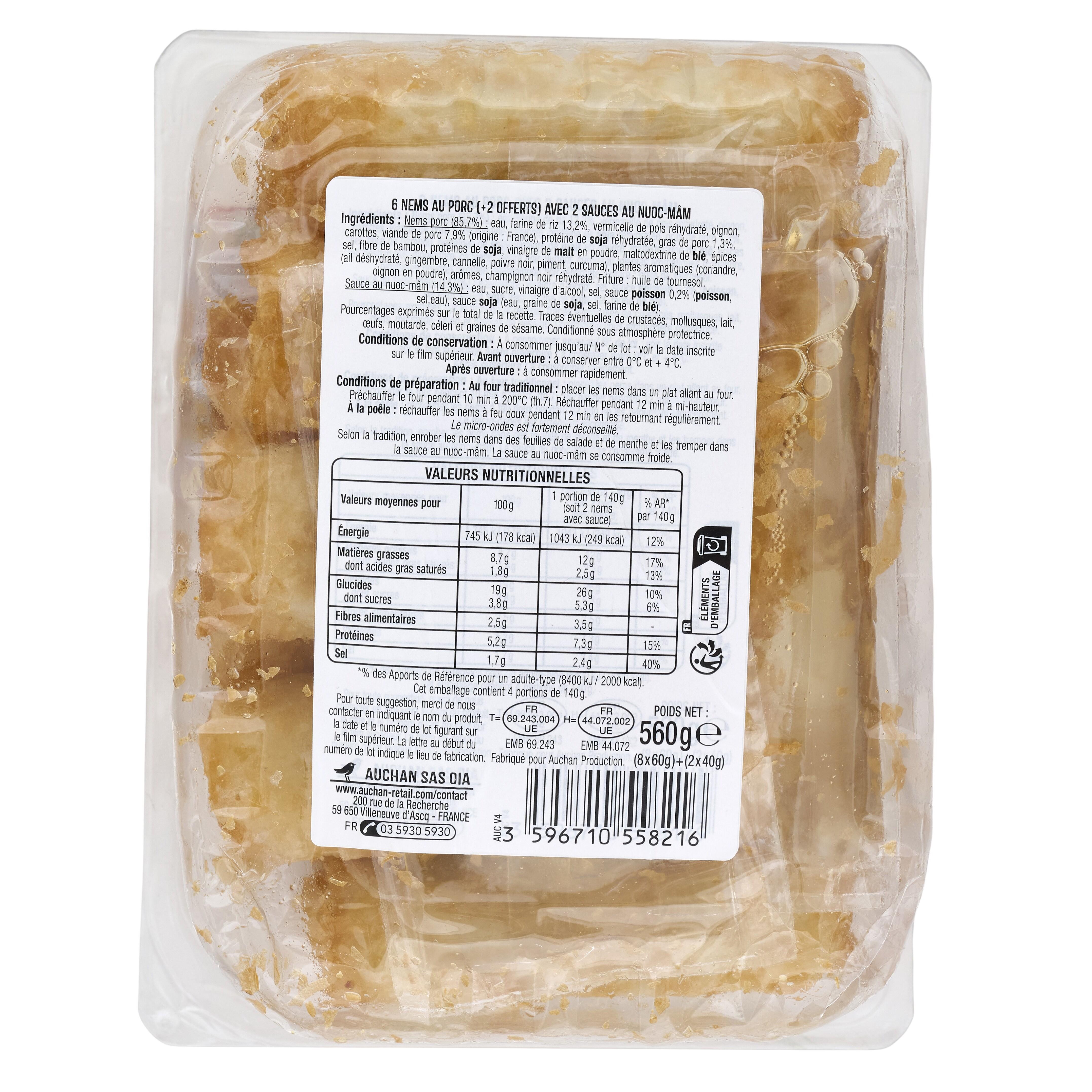 Voir la diapositive 2 : AUCHAN Nems porc avec 2 sauces nuoc mâm 6 pièces + 2 offerts 560g