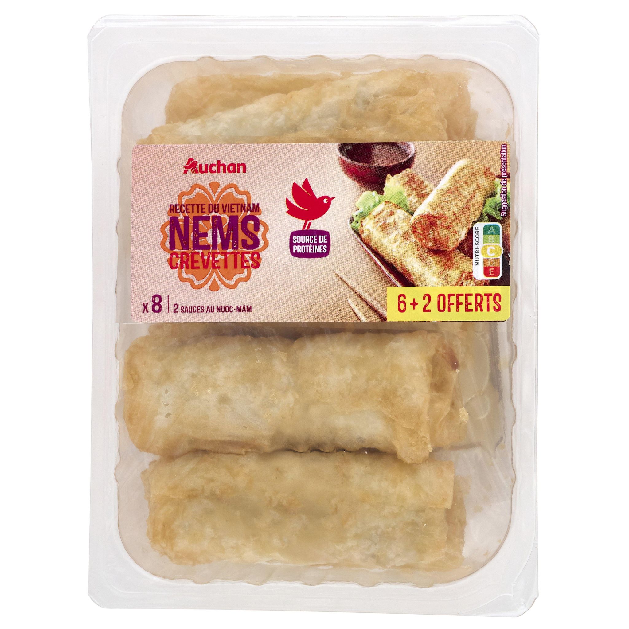 AUCHAN Nems aux crevettes avec 2 sauces nuoc mâm 6 pièces + 2 offerts 540g