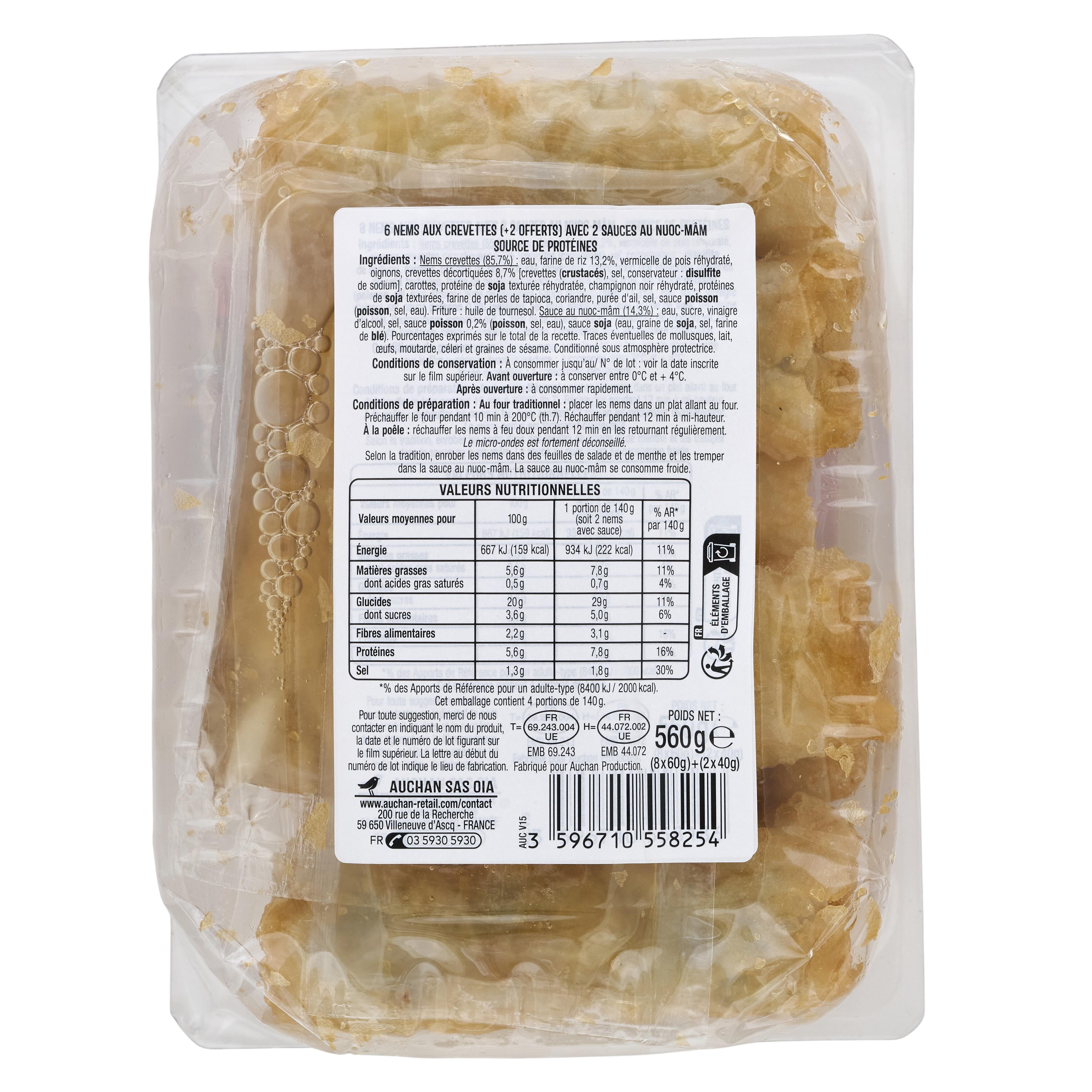 Voir la diapositive 2 : AUCHAN Nems aux crevettes avec 2 sauces nuoc mâm 6 pièces + 2 offerts 560g