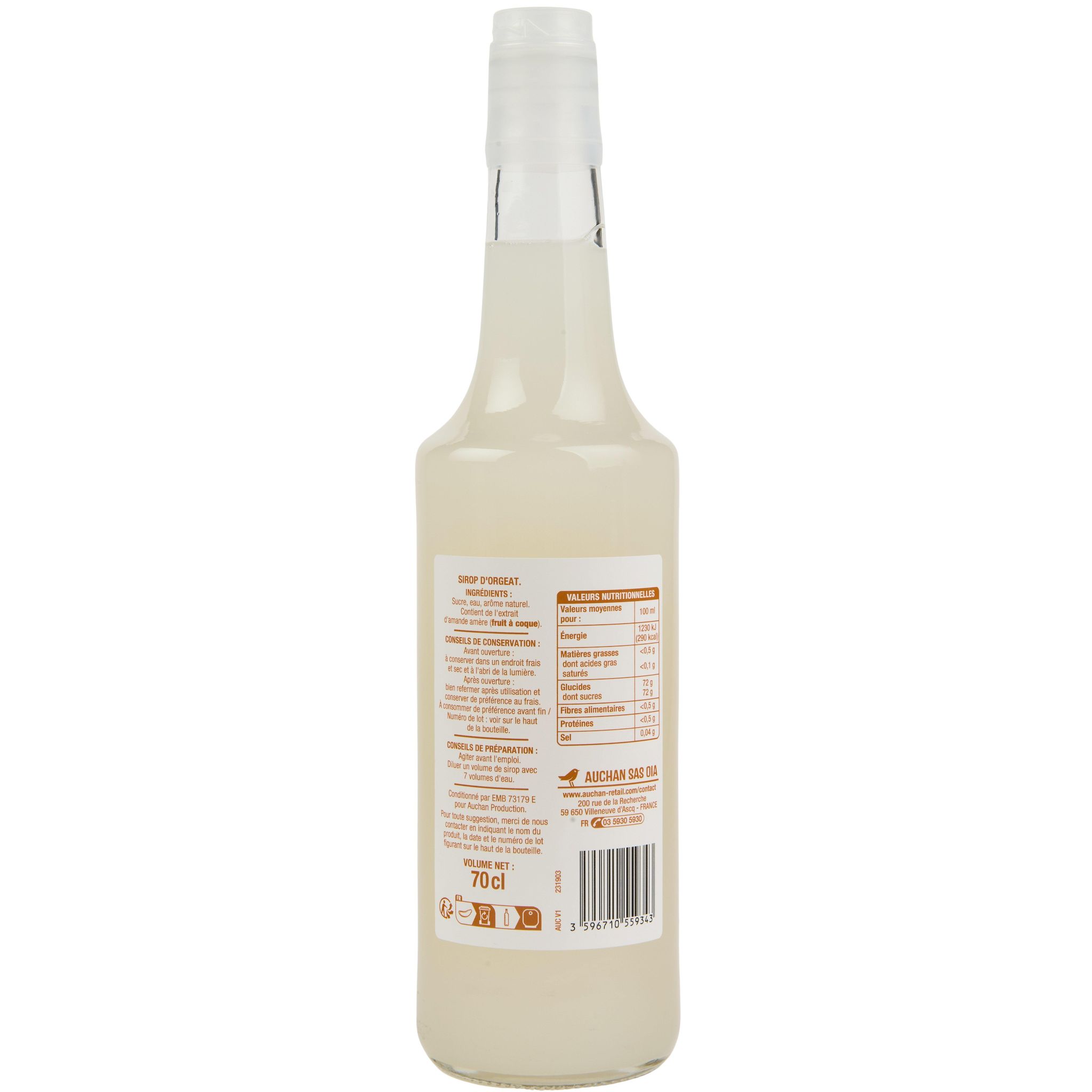 Voir la diapositive 2 : AUCHAN Sirop d'orgeat bouteille verre 70cl