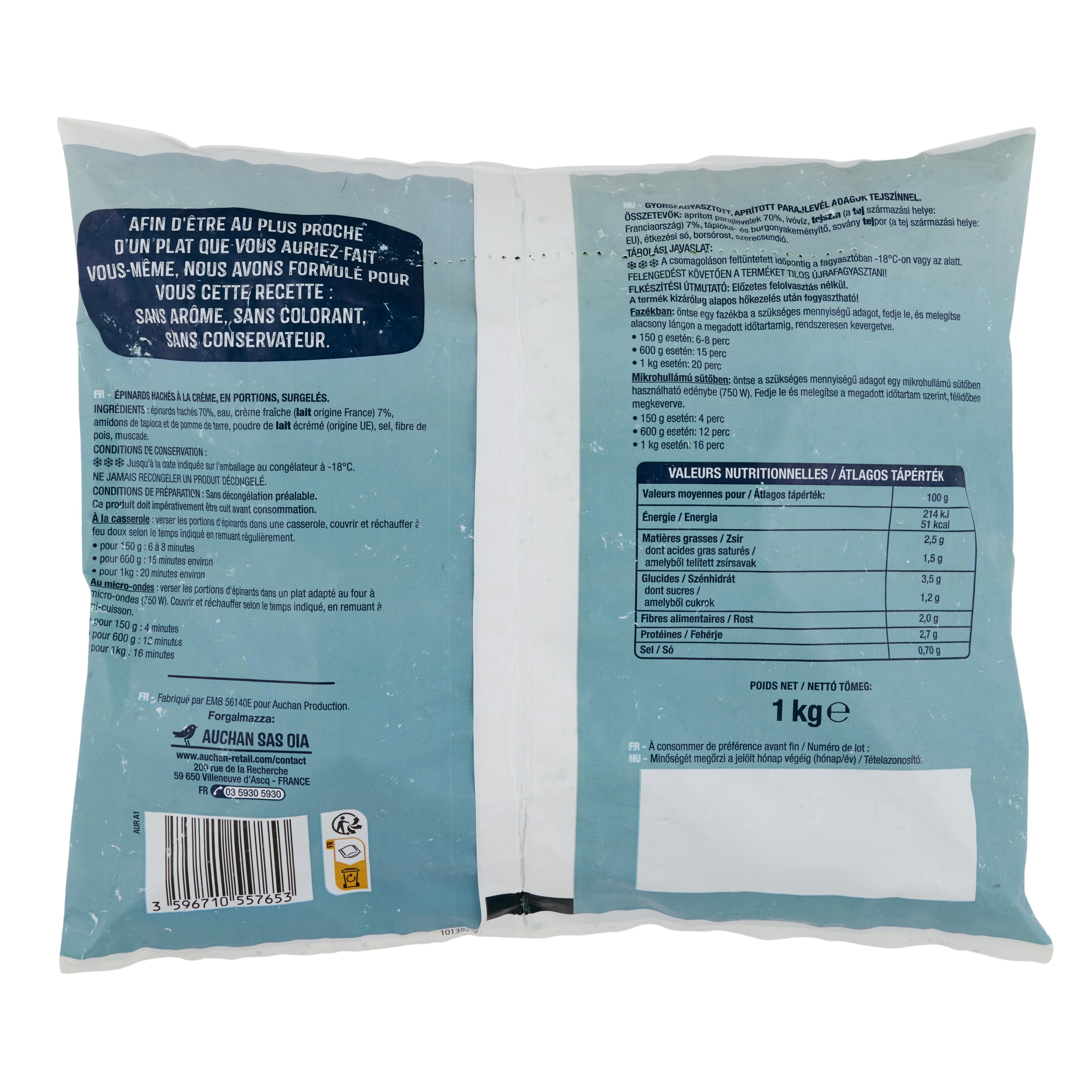 Voir la diapositive 2 : AUCHAN Épinards hachés à la crème 1kg