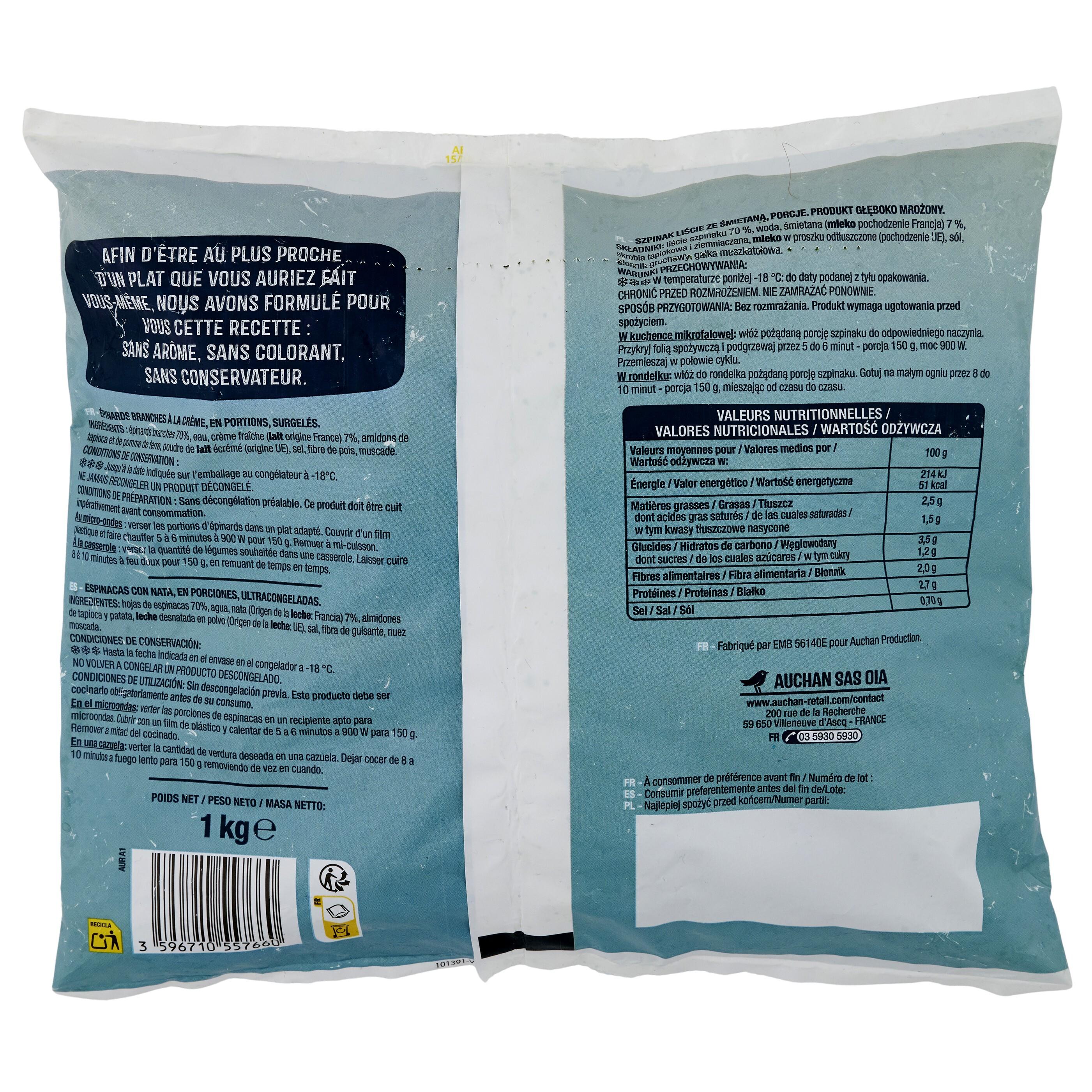 Voir la diapositive 3 : AUCHAN Épinards branches à la crème 1kg