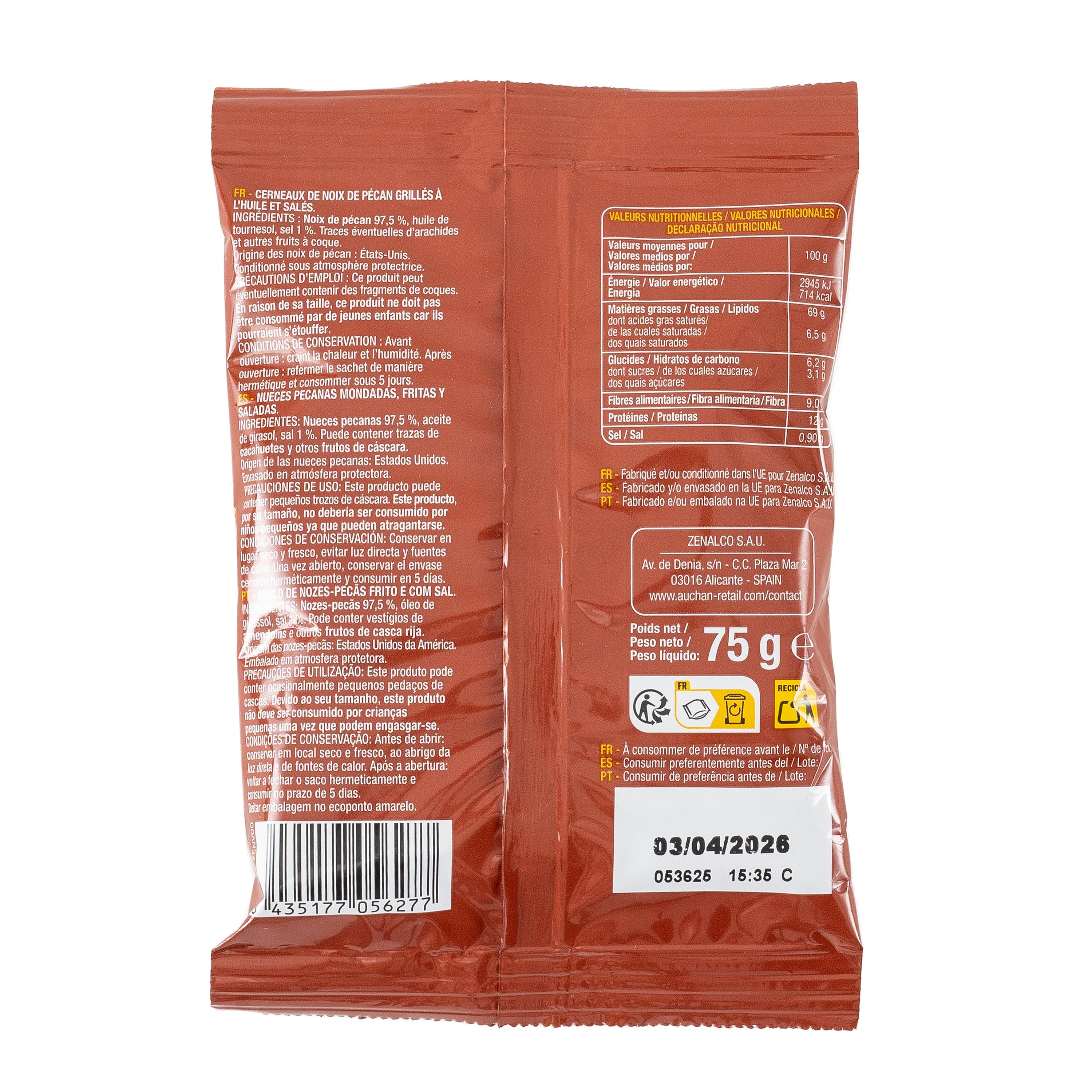 Voir la diapositive 2 : AUCHAN Noix de pécan grillées et salées 75g