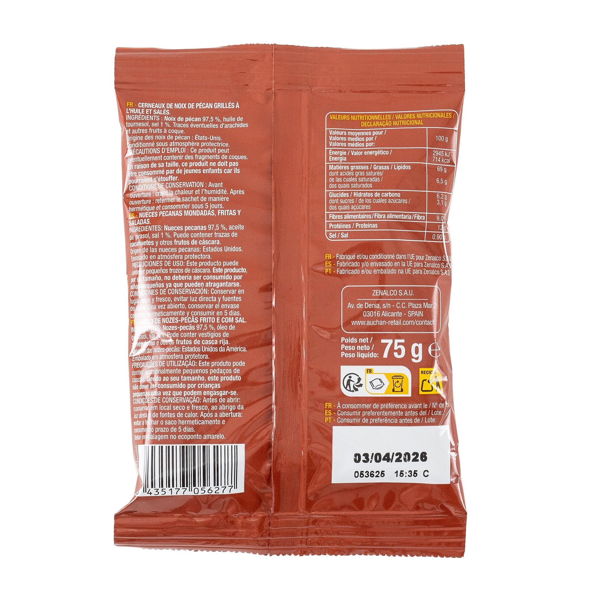 Voir la diapositive 2 : AUCHAN Noix de pécan grillées et salées 75g