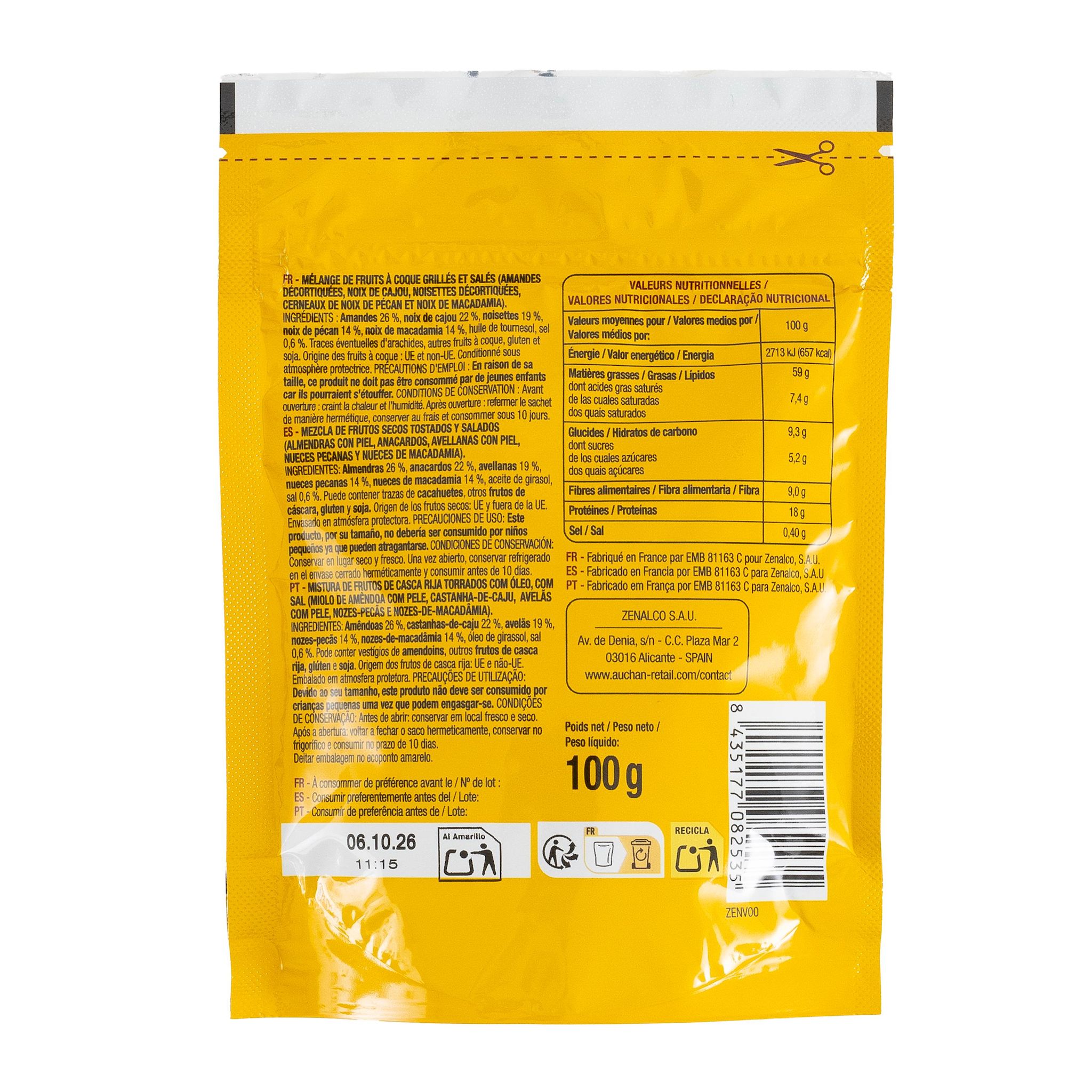 Voir la diapositive 2 : AUCHAN Mix gold amandes noix de cajou noisettes noix de pécan noix de macadamia 100g