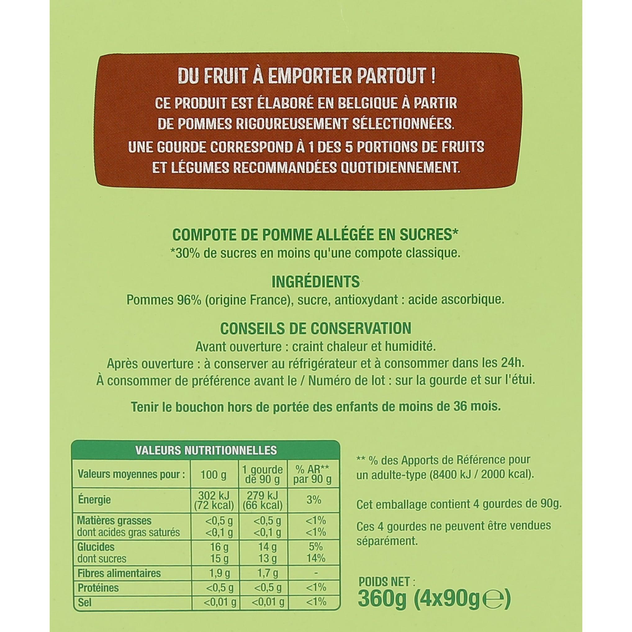 Voir la diapositive 3 : AUCHAN Gourdes pomme allégée en sucres 4x90g