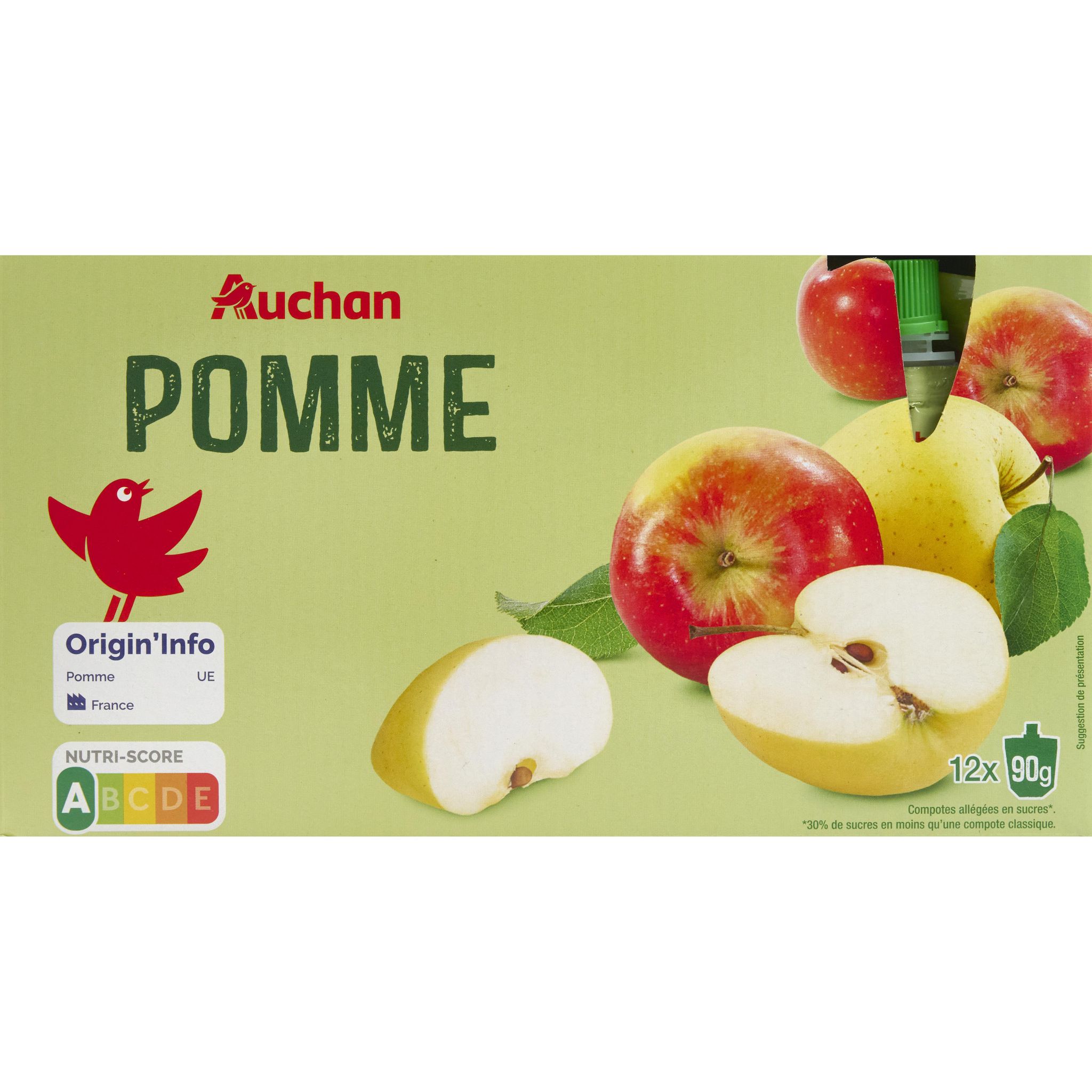 AUCHAN Gourdes de compote de pomme 12x90g
