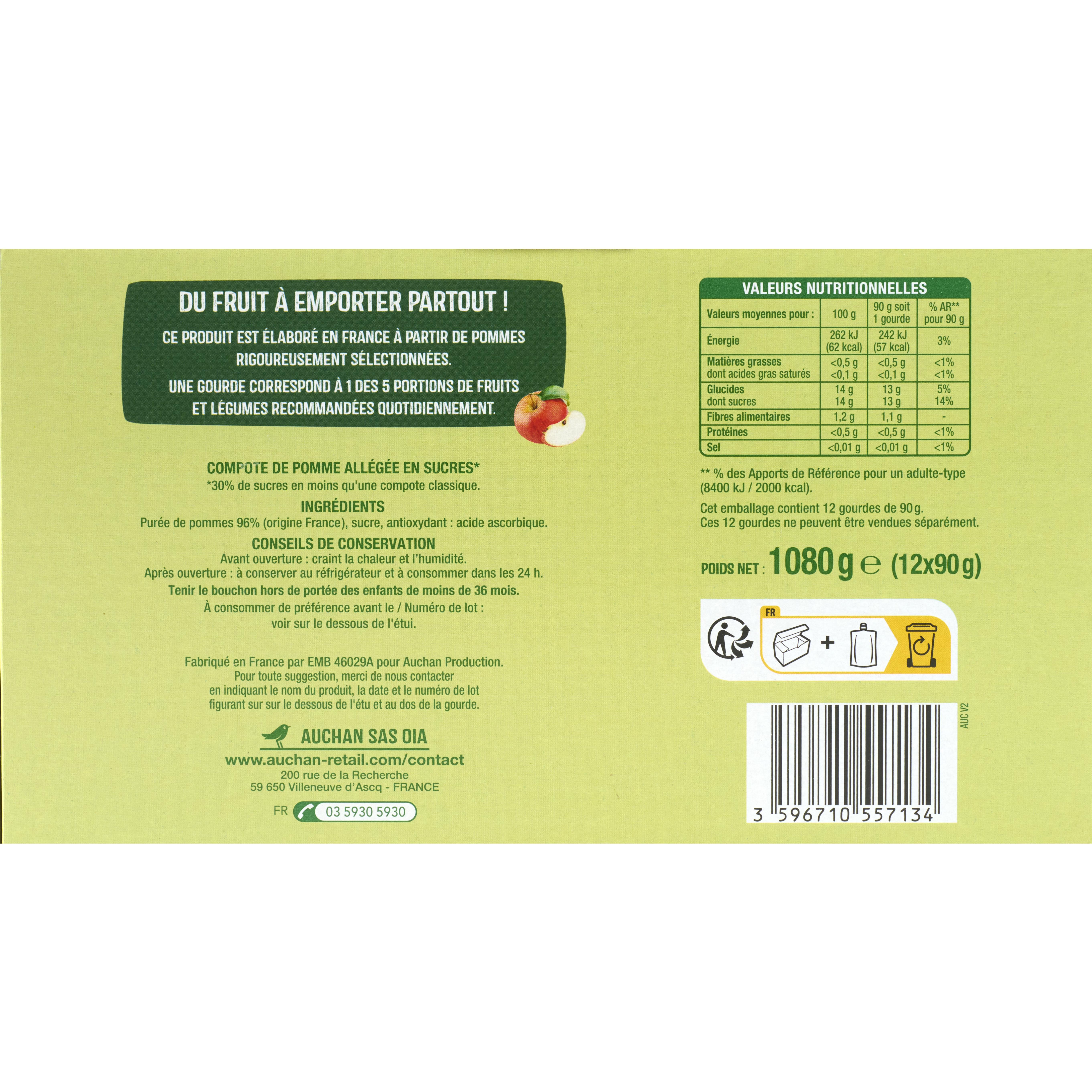 Voir la diapositive 2 : AUCHAN Gourdes de compote de pomme 12x90g