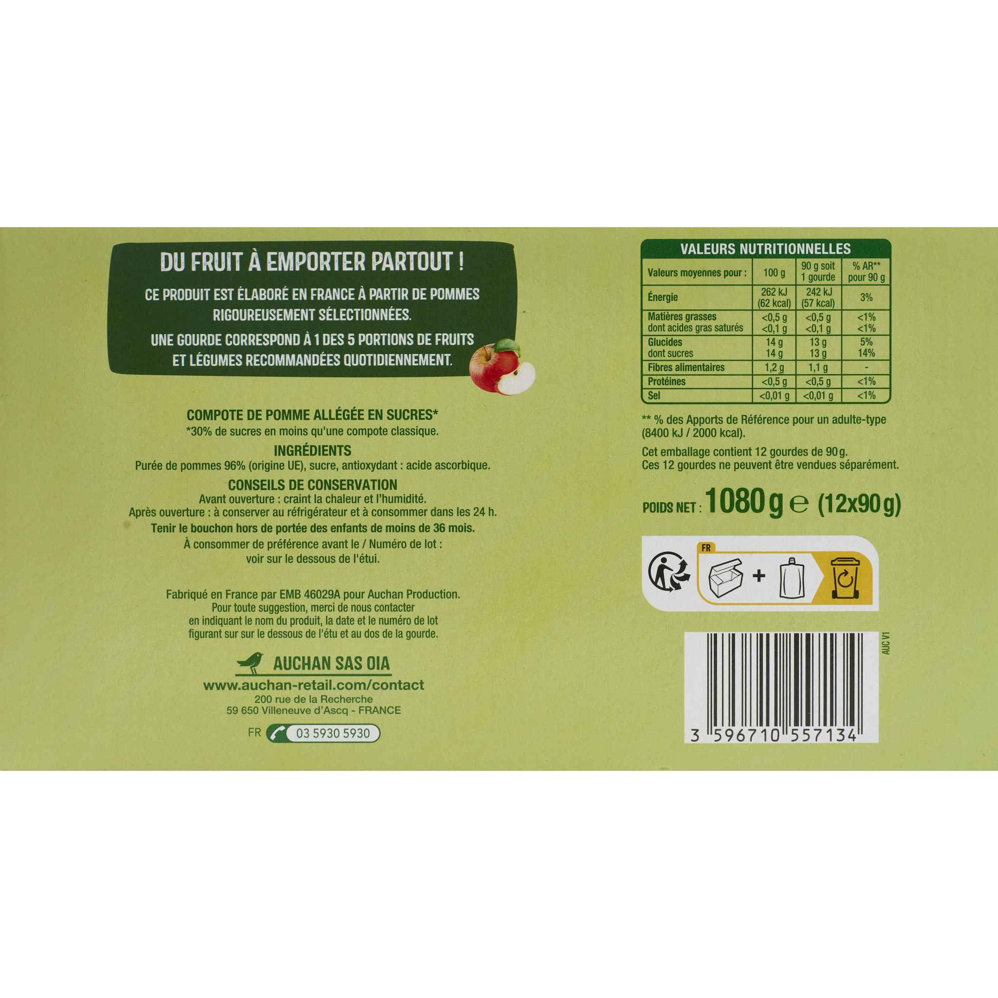 Voir la diapositive 3 : AUCHAN Gourdes de compote de pomme 12x90g