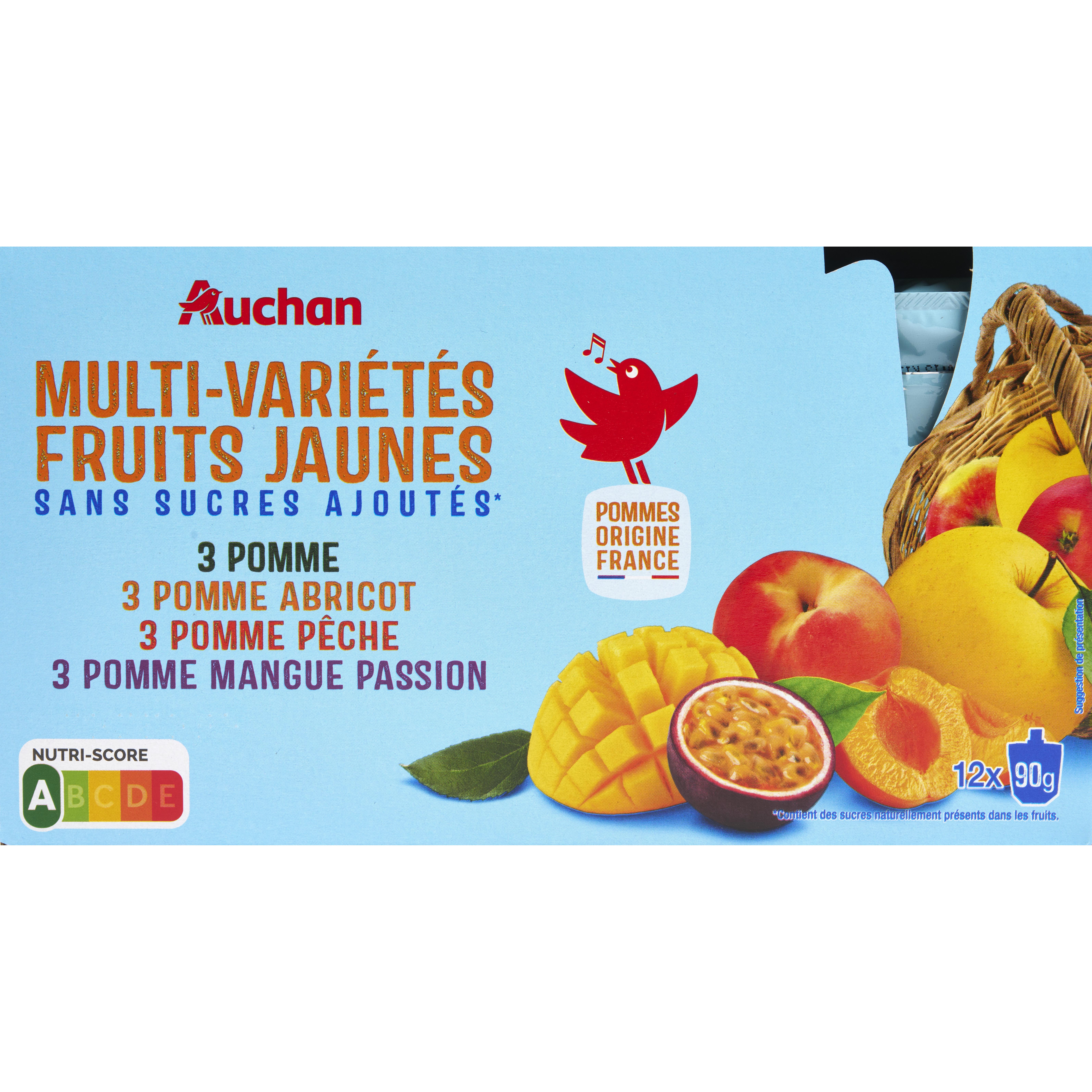 AUCHAN Purée de fruits jaunes sans sucres ajoutés en gourdes 12x90g