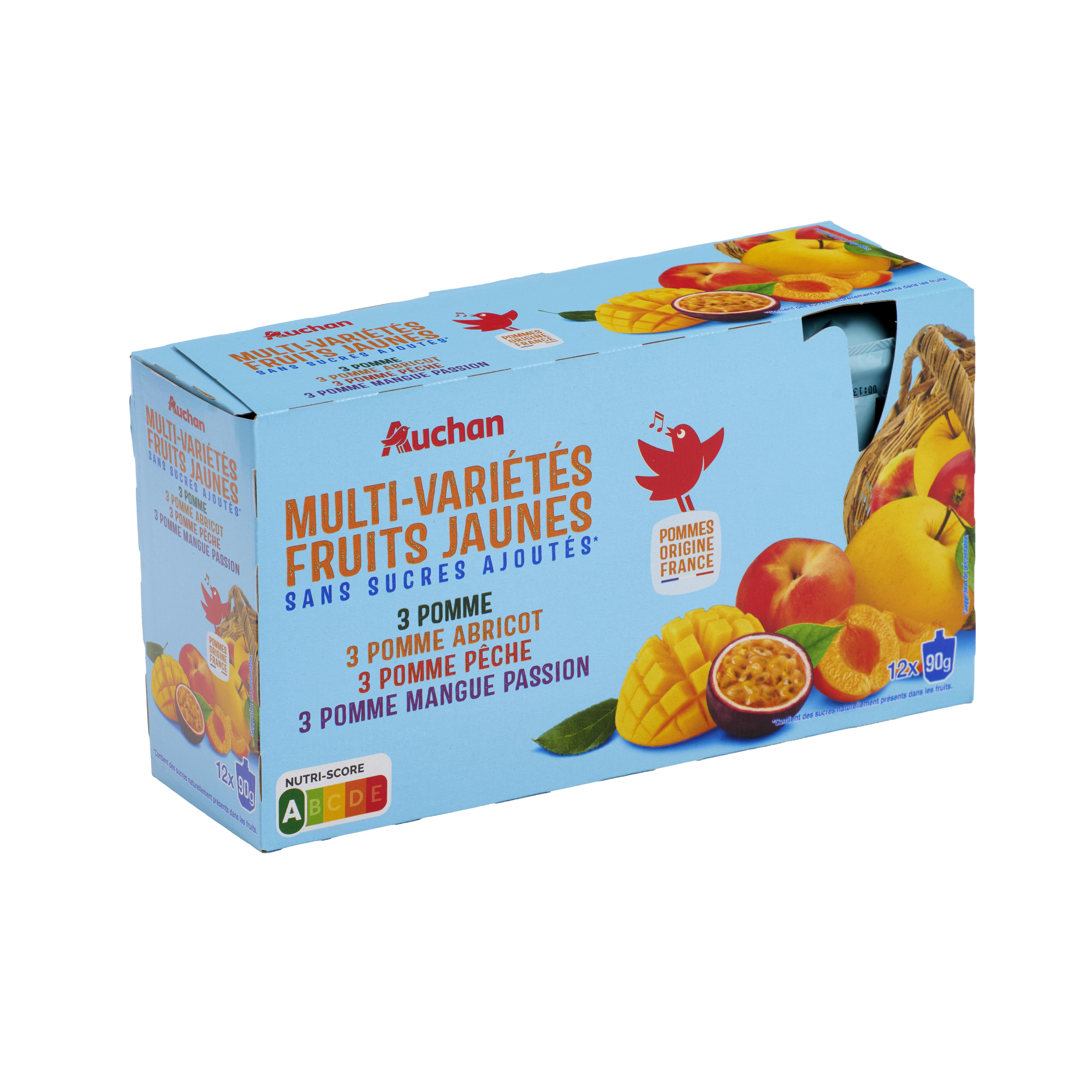 Voir la diapositive 2 : AUCHAN Purée de fruits jaunes sans sucres ajoutés en gourdes 12x90g