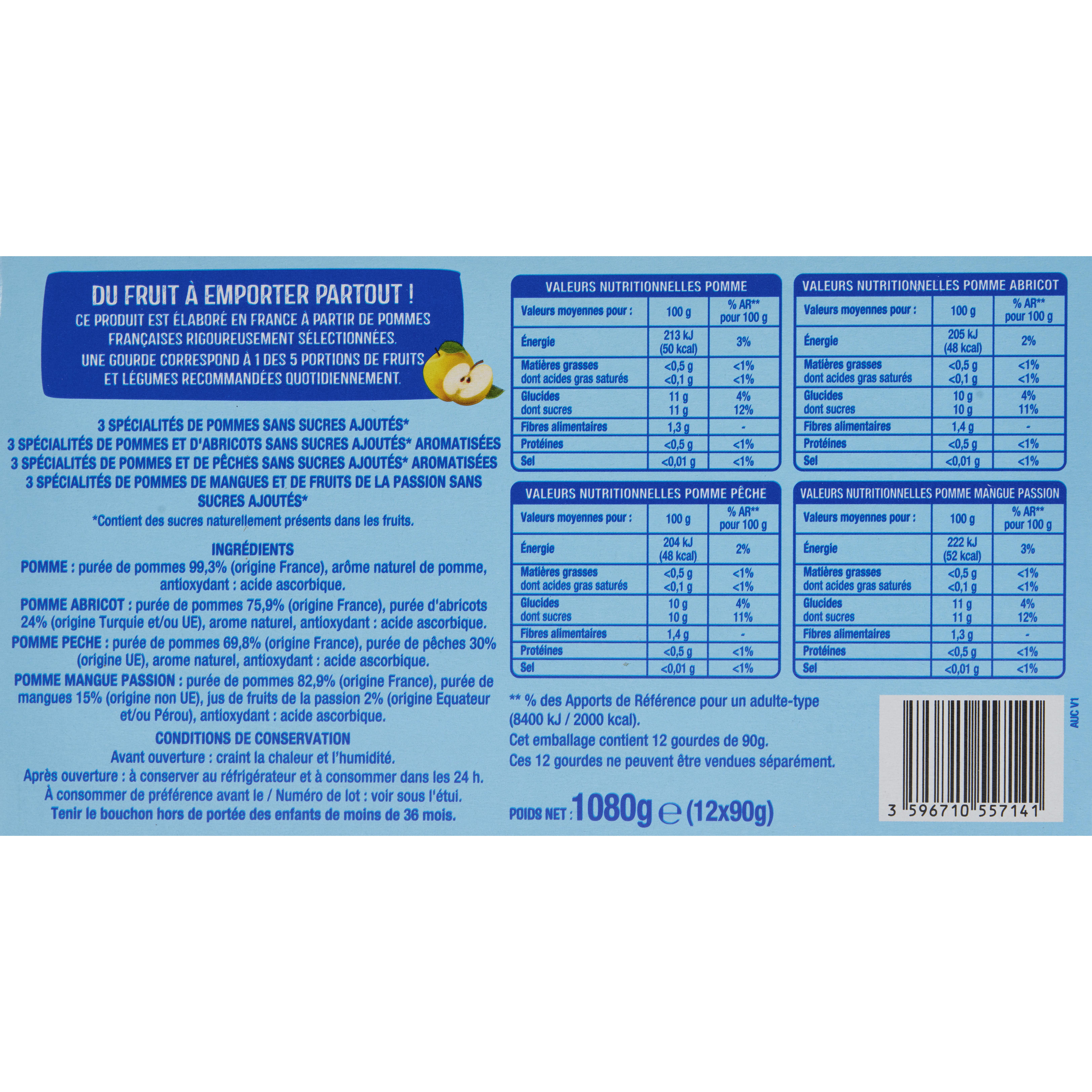 Voir la diapositive 3 : AUCHAN Purée de fruits jaunes sans sucres ajoutés en gourdes 12x90g