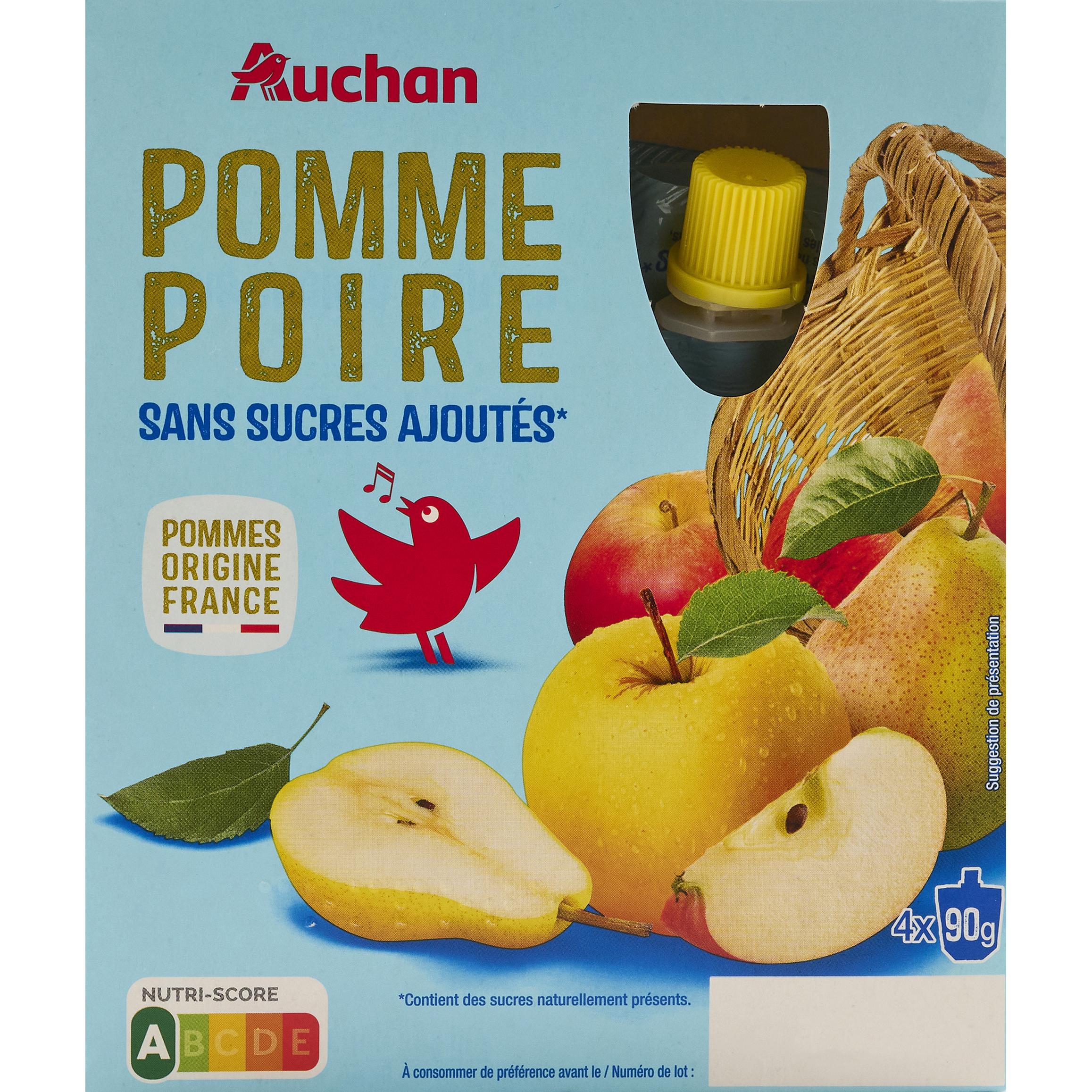 AUCHAN Gourdes pomme poire sans sucres ajoutés 4x90g