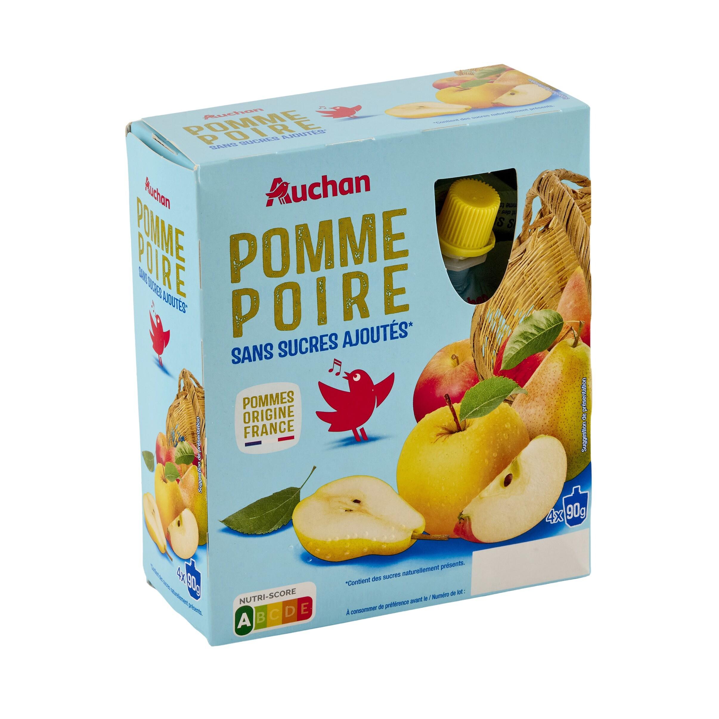 Voir la diapositive 2 : AUCHAN Gourdes pomme poire sans sucres ajoutés 4x90g