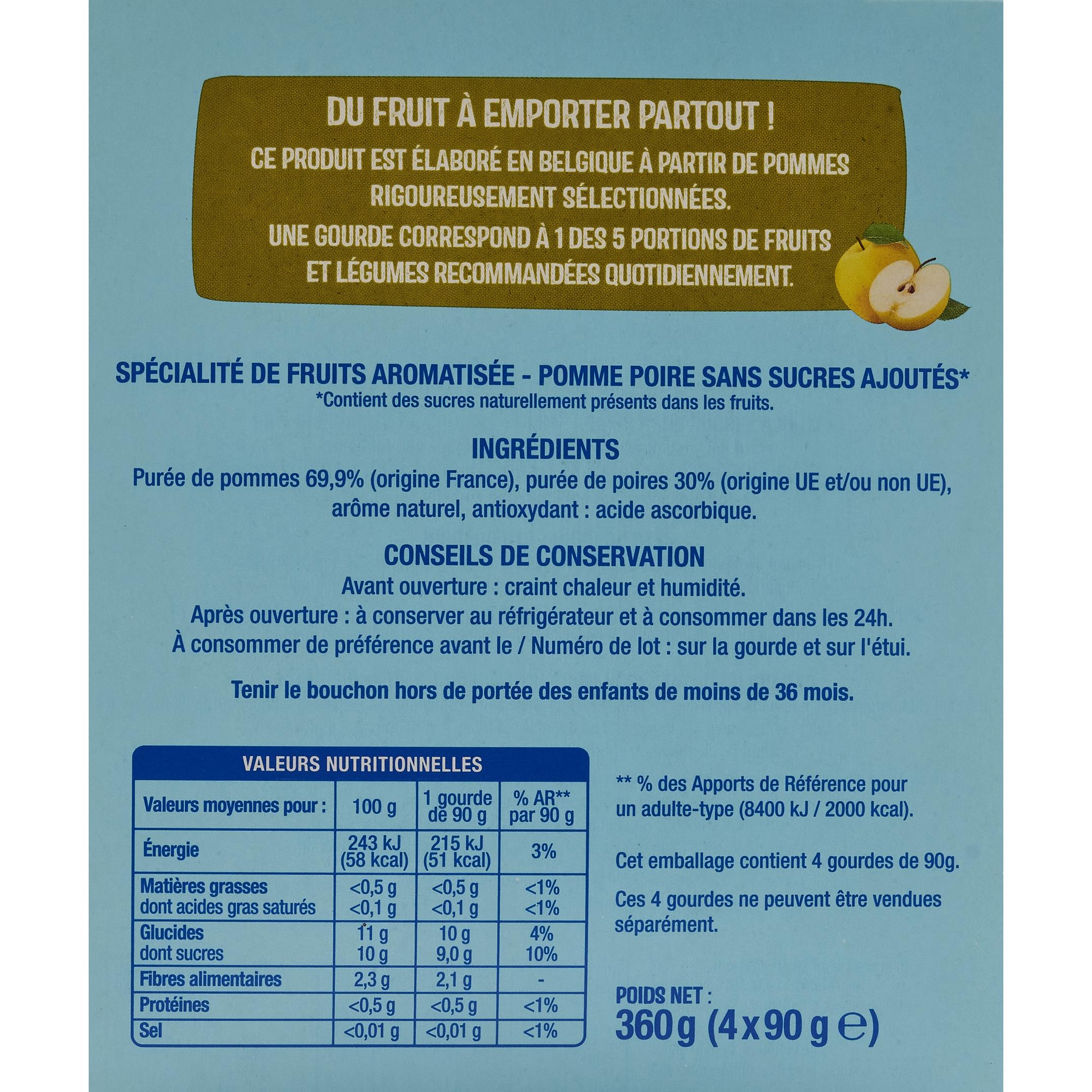 Voir la diapositive 3 : AUCHAN Gourdes pomme poire sans sucres ajoutés 4x90g