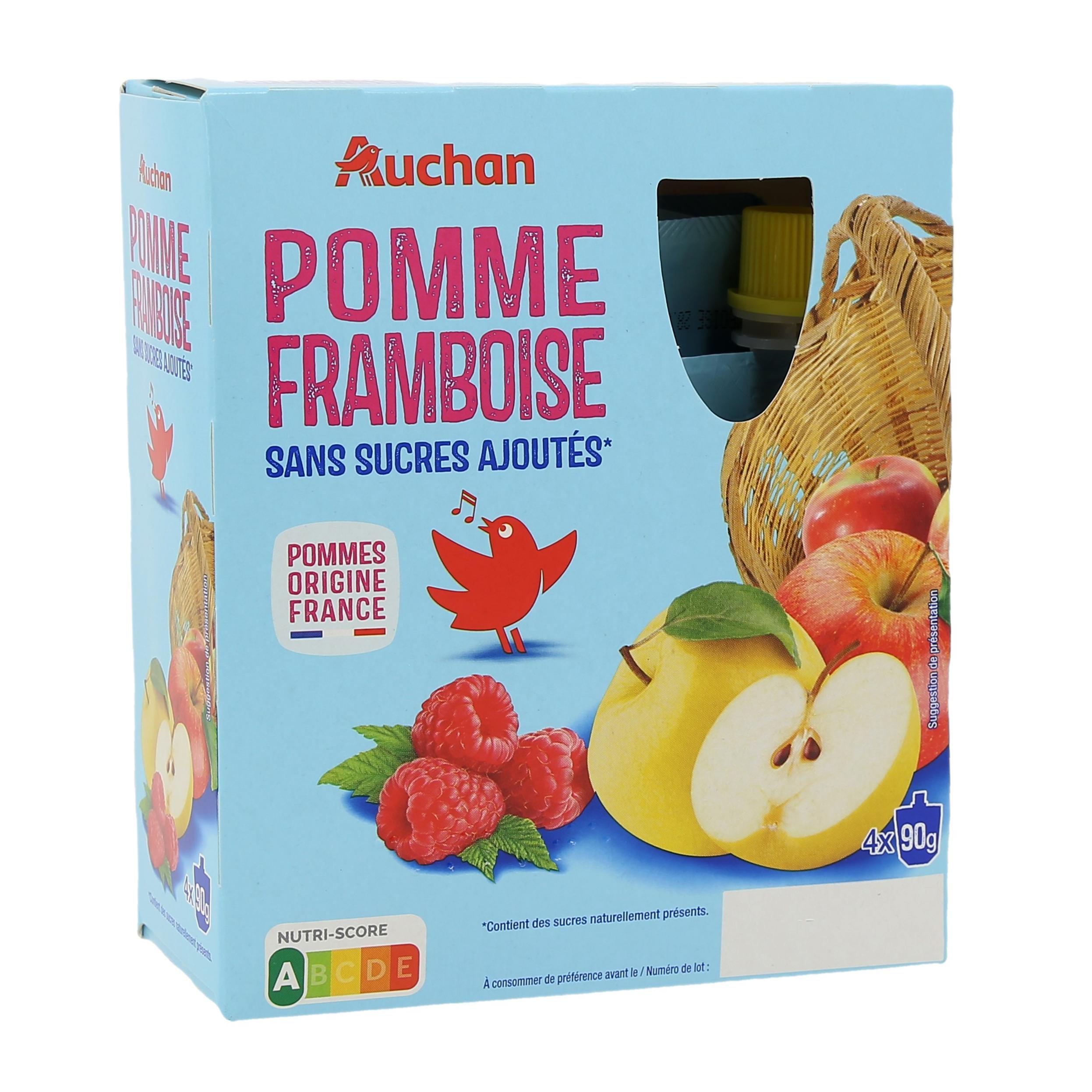 Voir la diapositive 2 : AUCHAN Gourdes pomme framboise sans sucres ajoutés 4x90g