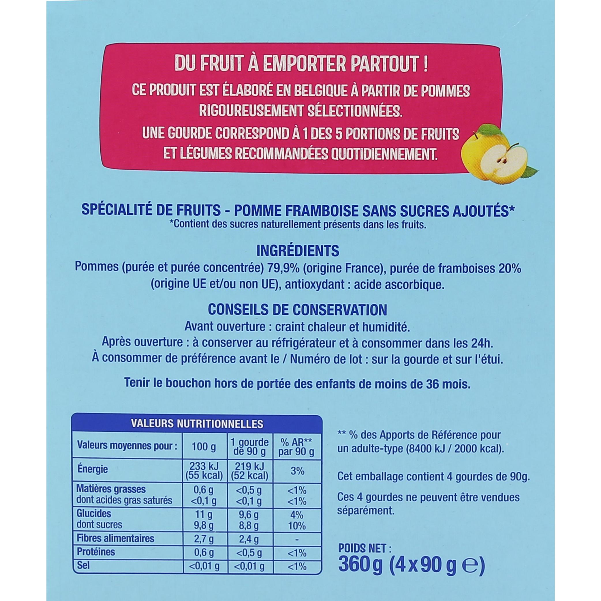 Voir la diapositive 3 : AUCHAN Gourdes pomme framboise sans sucres ajoutés 4x90g