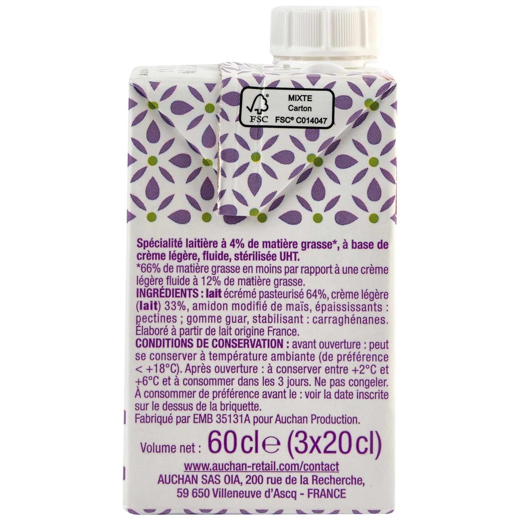 Voir la diapositive 2 : AUCHAN Crème fluide 4%MG 3x20cl