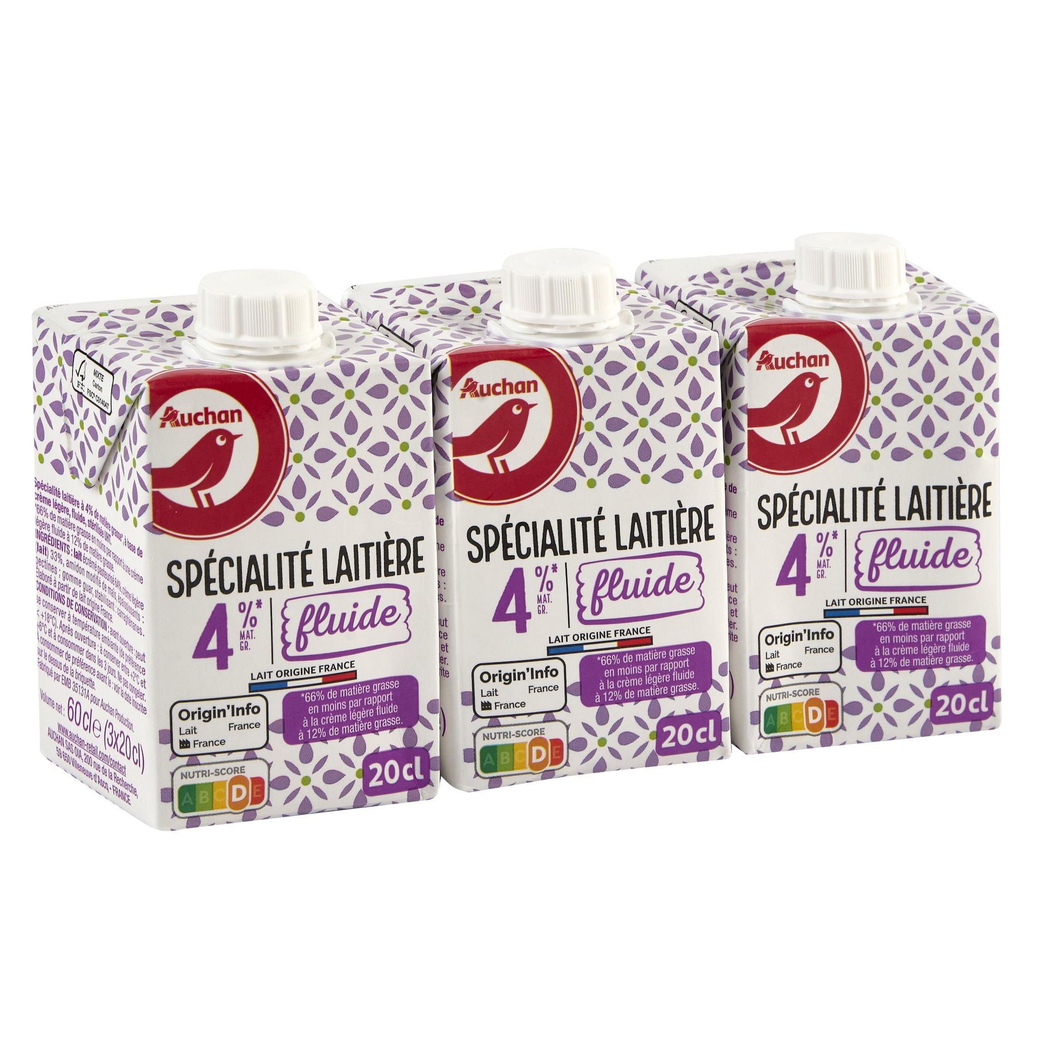 Voir la diapositive 4 : AUCHAN Crème fluide 4%MG 3x20cl