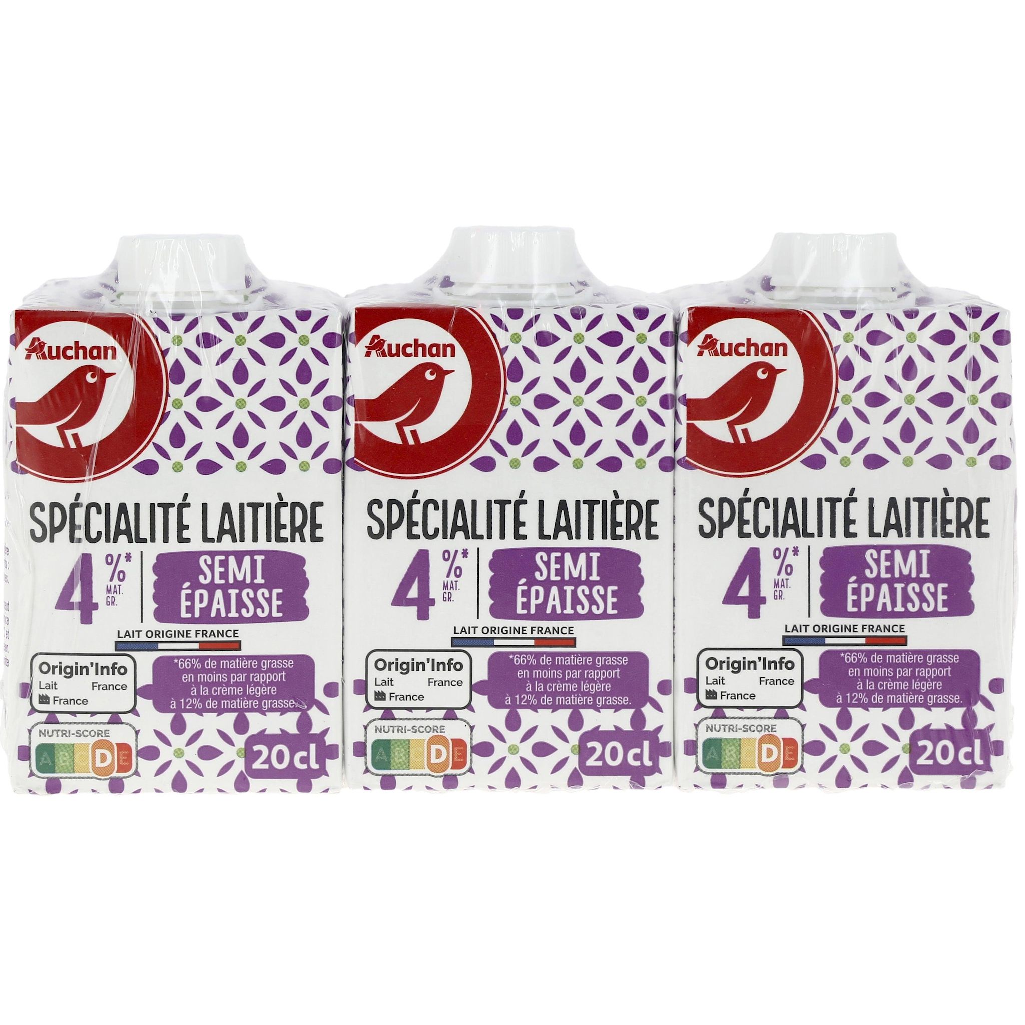 AUCHAN Spécialité laitière UHT semi-épaisse légère 4%MG 3x20cl